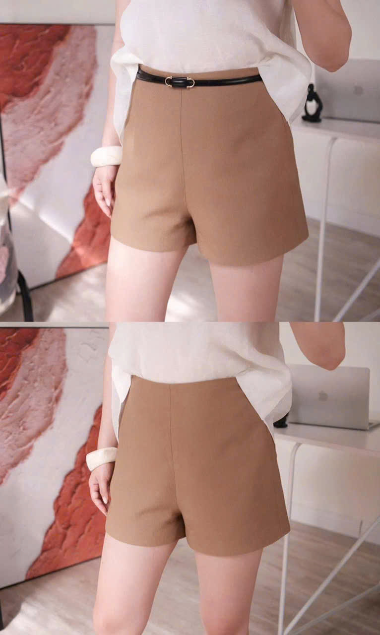 HJ88 Set áo tơ trắng + quần short nâu