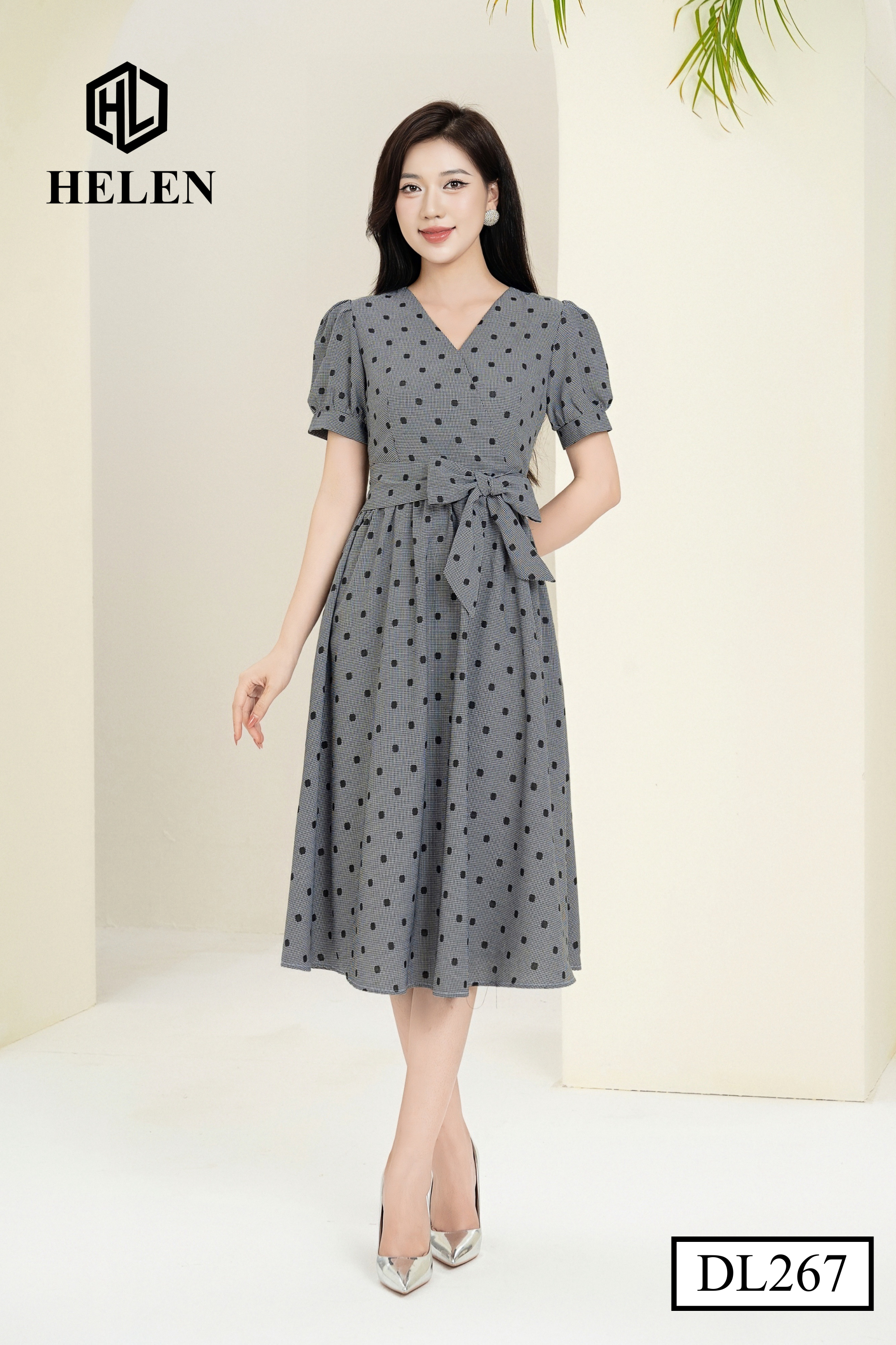 Đầm xòe chấm bi đen thắt nơ eo DL267_thumbnail_3