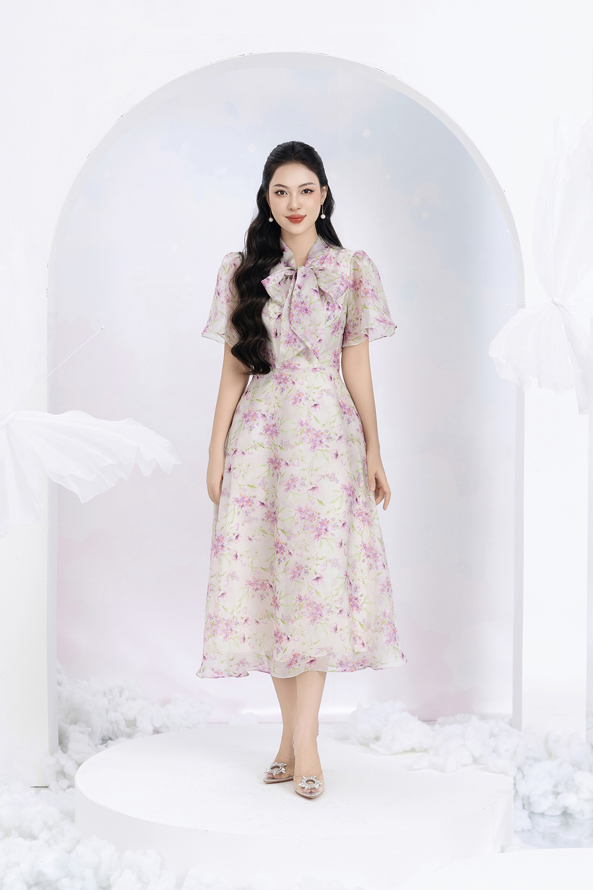 Đầm hoa tím cổ nơ tay bèo D3015_thumbnail_2