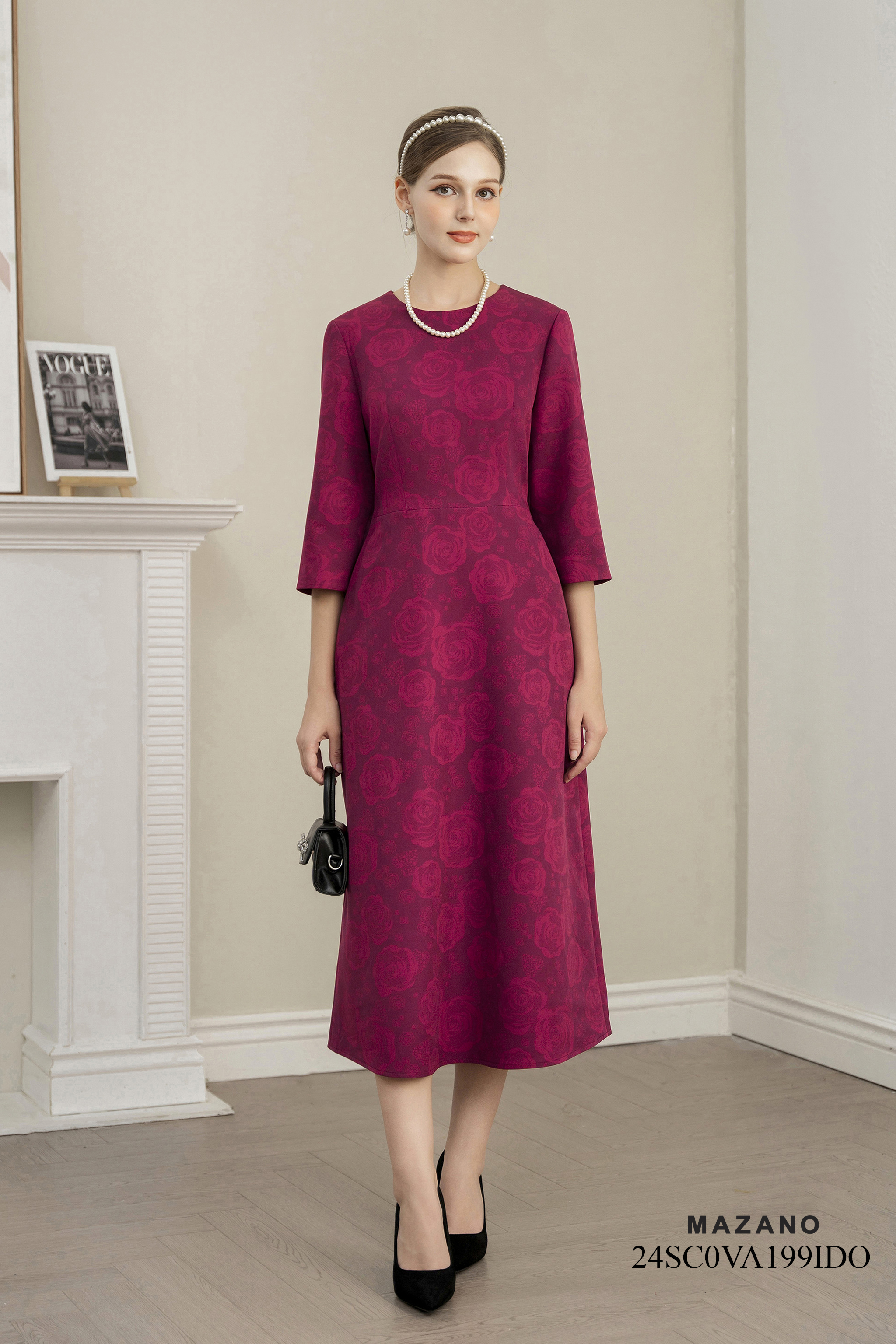 Váy Đầm Ôm Vải thô chun Hoạ tiết hoa hồng cách điệu Cổ tròn Tay lỡ Dài qua bắp chân_thumbnail_1