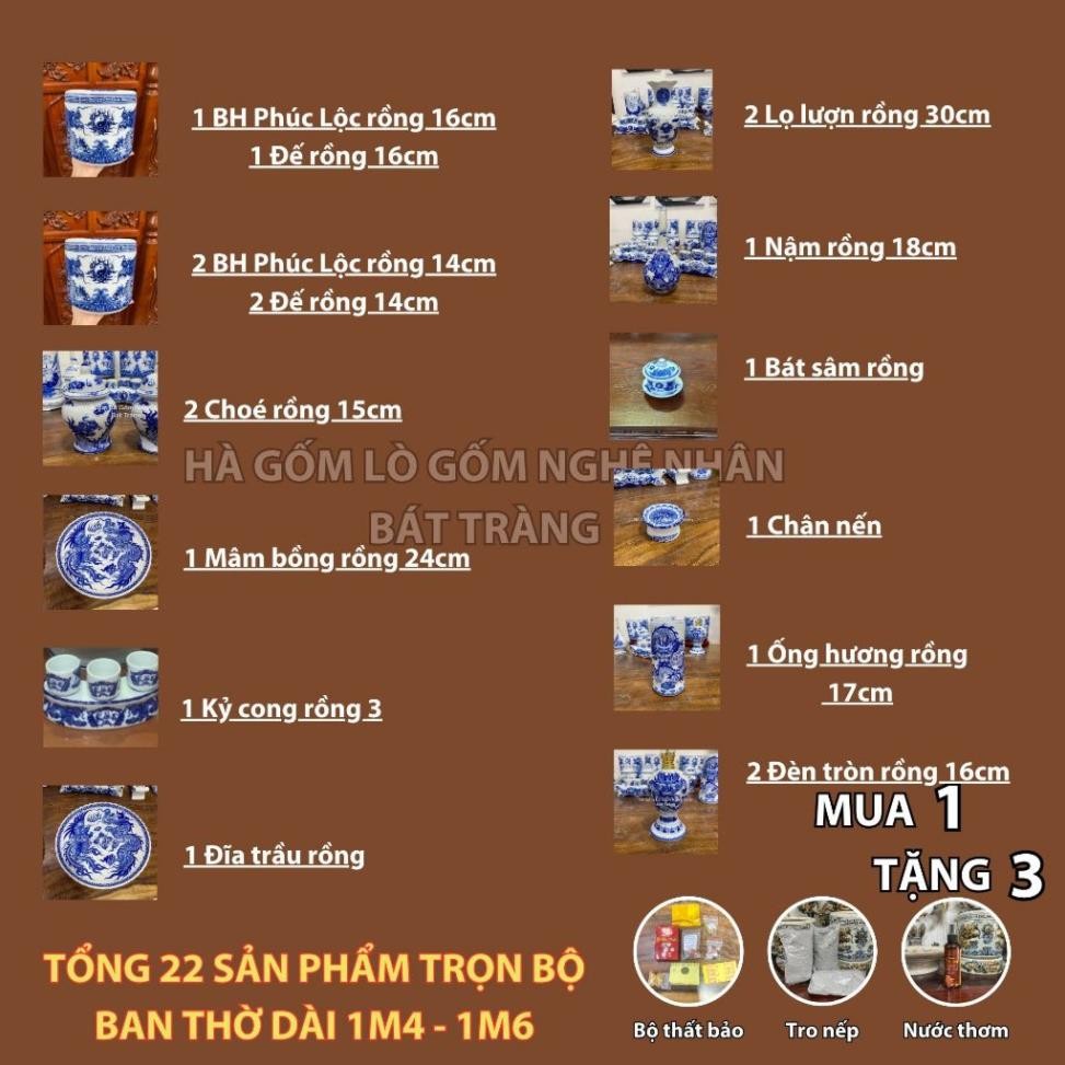 HG358 Đồ Thờ Cúng Bộ 22 món ban thờ 1M4 - 1M6 men lam nghệ nhân Bát Tràng chế tác TẶNG Thất Bảo, Tro Nếp_thumbnail_1