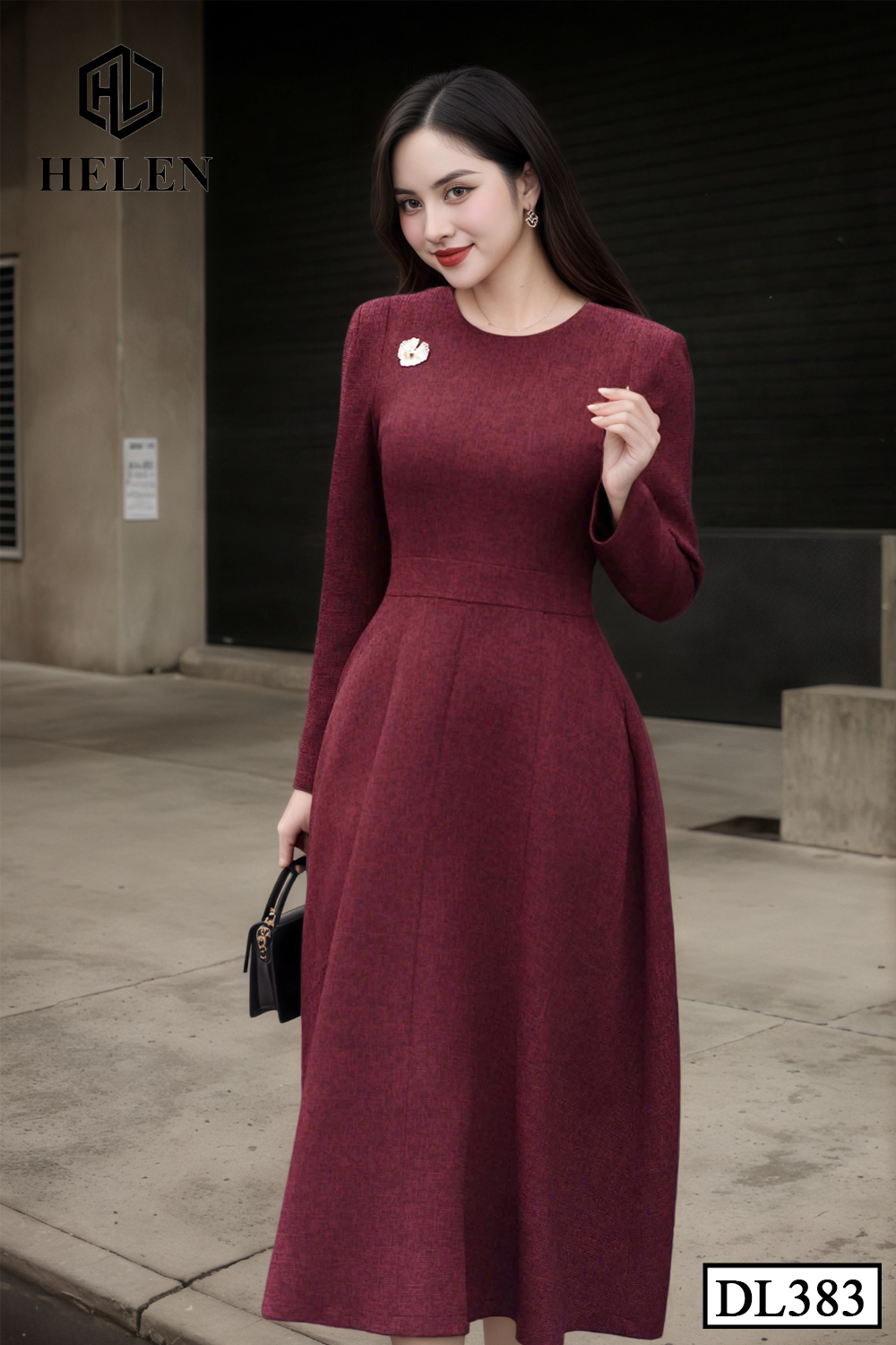 (Pre-order) Đầm dạ đỏ cổ tròn tay dài DL383