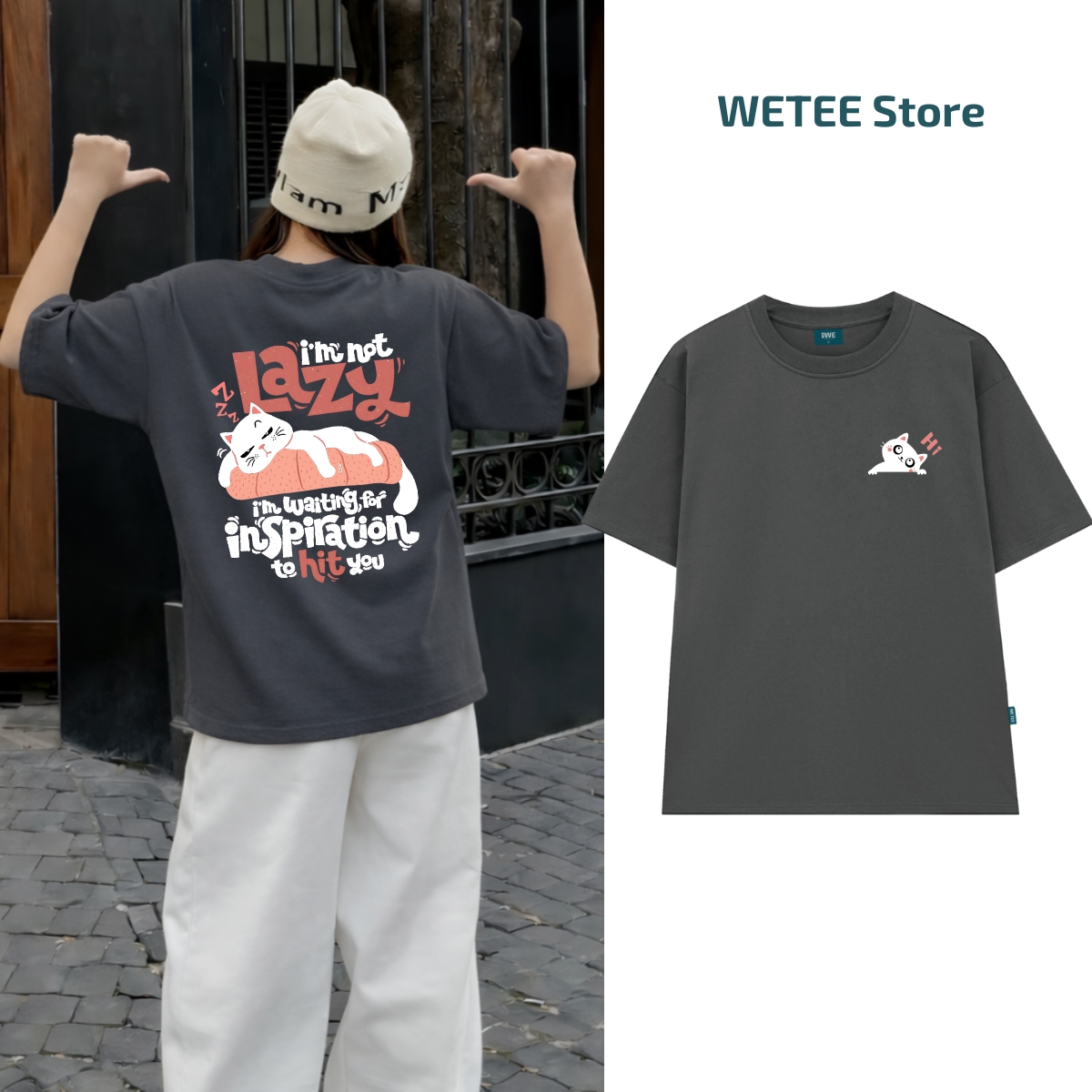 Áo thun unisex UX30-1141 LAZY hình mèo nằm dáng oversized local brand WETEE