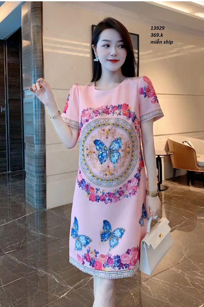 13929-Đầm suông in bướm hồng  3D (lụa frod, lót)FREESHIP_thumbnail_0