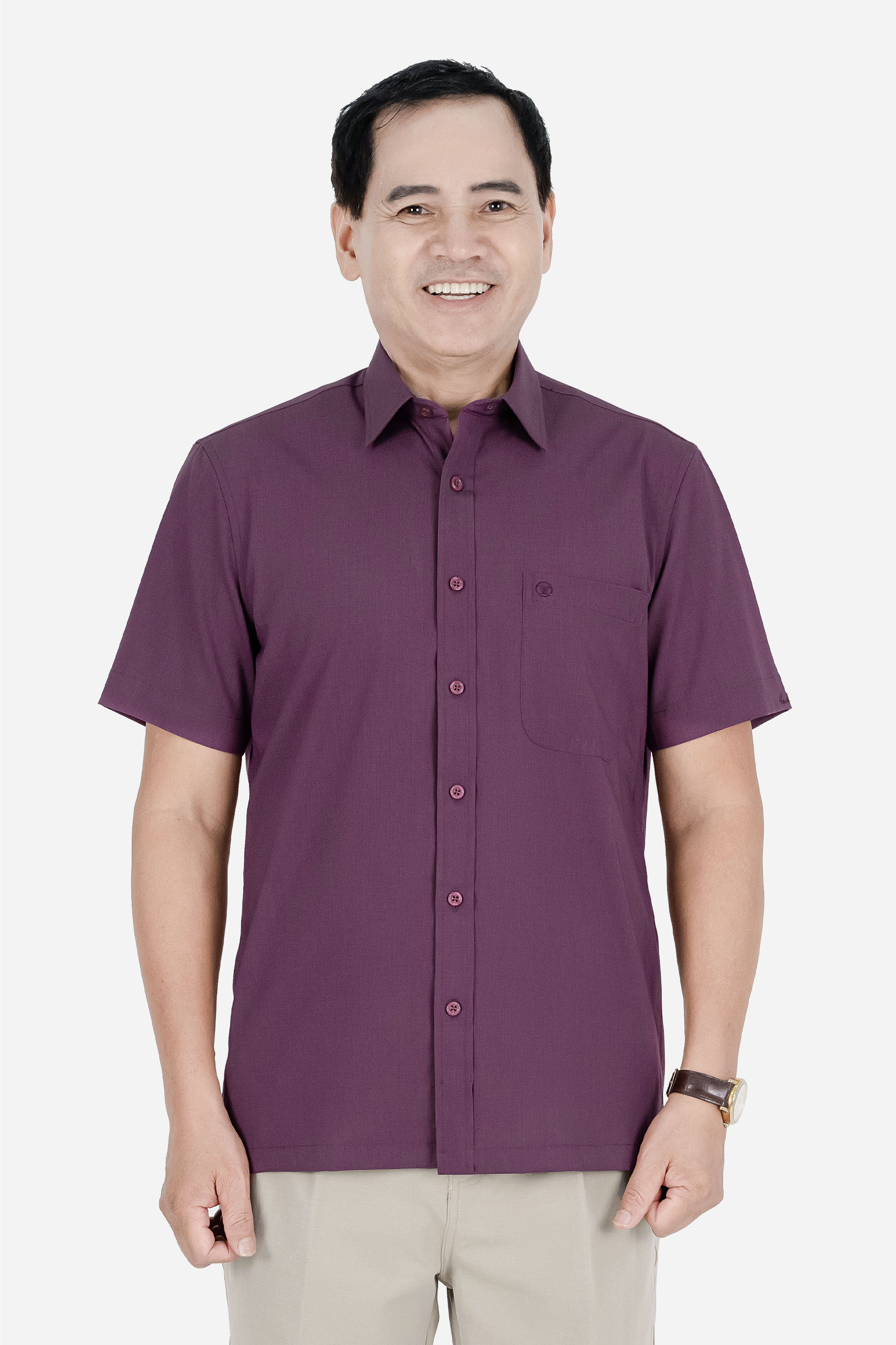 Áo Sơ Mi Trơn Cộc Tay Nam Trung Niên ANCHI Chất Liệu Sợi Gỗ Thoáng Mát Màu Đỏ Mận