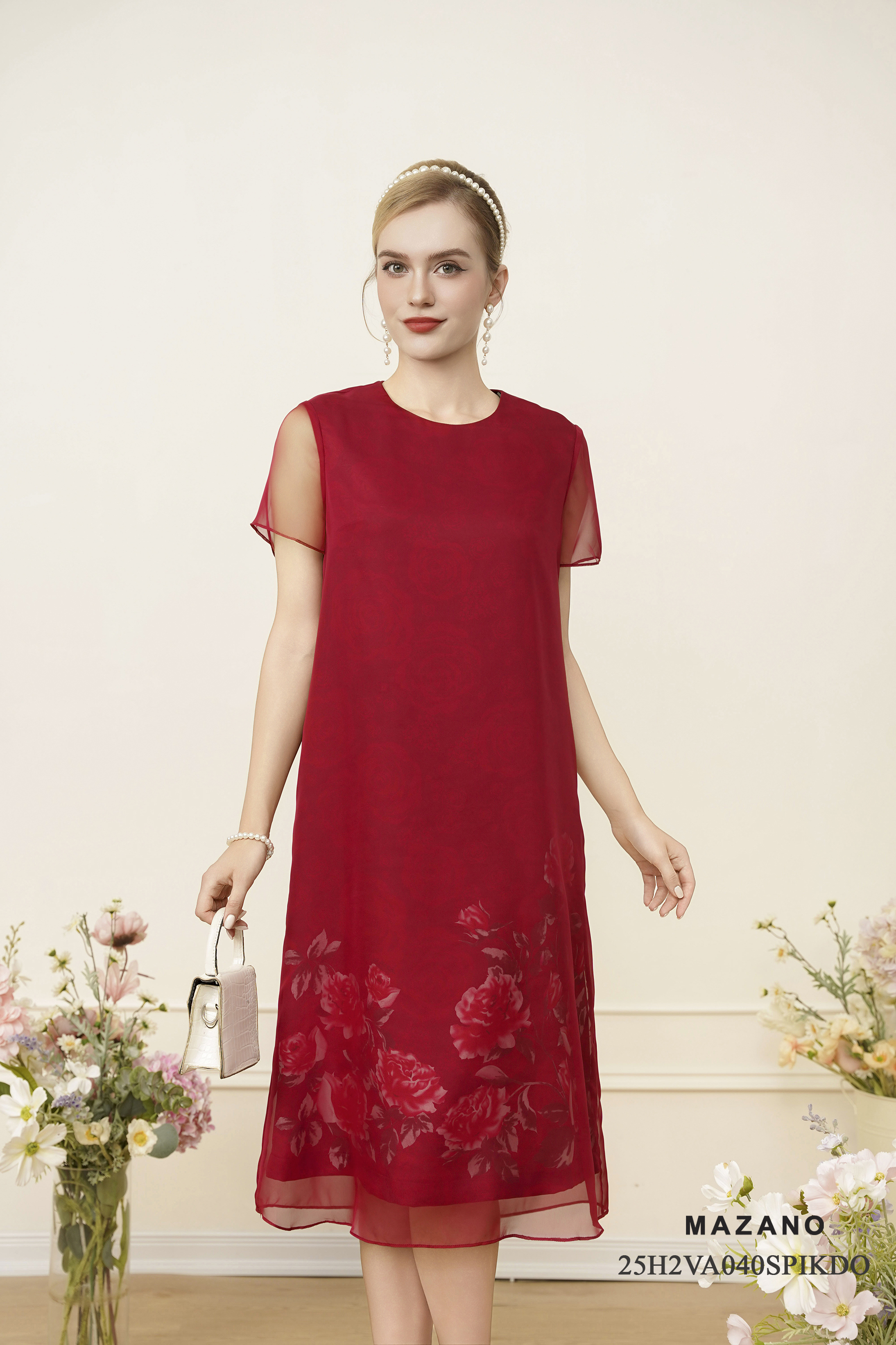 Váy Đầm Suông Vải voan tơ phủ lụa Hoạ tiết hoa hồng cách điệu Cổ tròn Tay ngắn Dài đến bắp chân_thumbnail_1