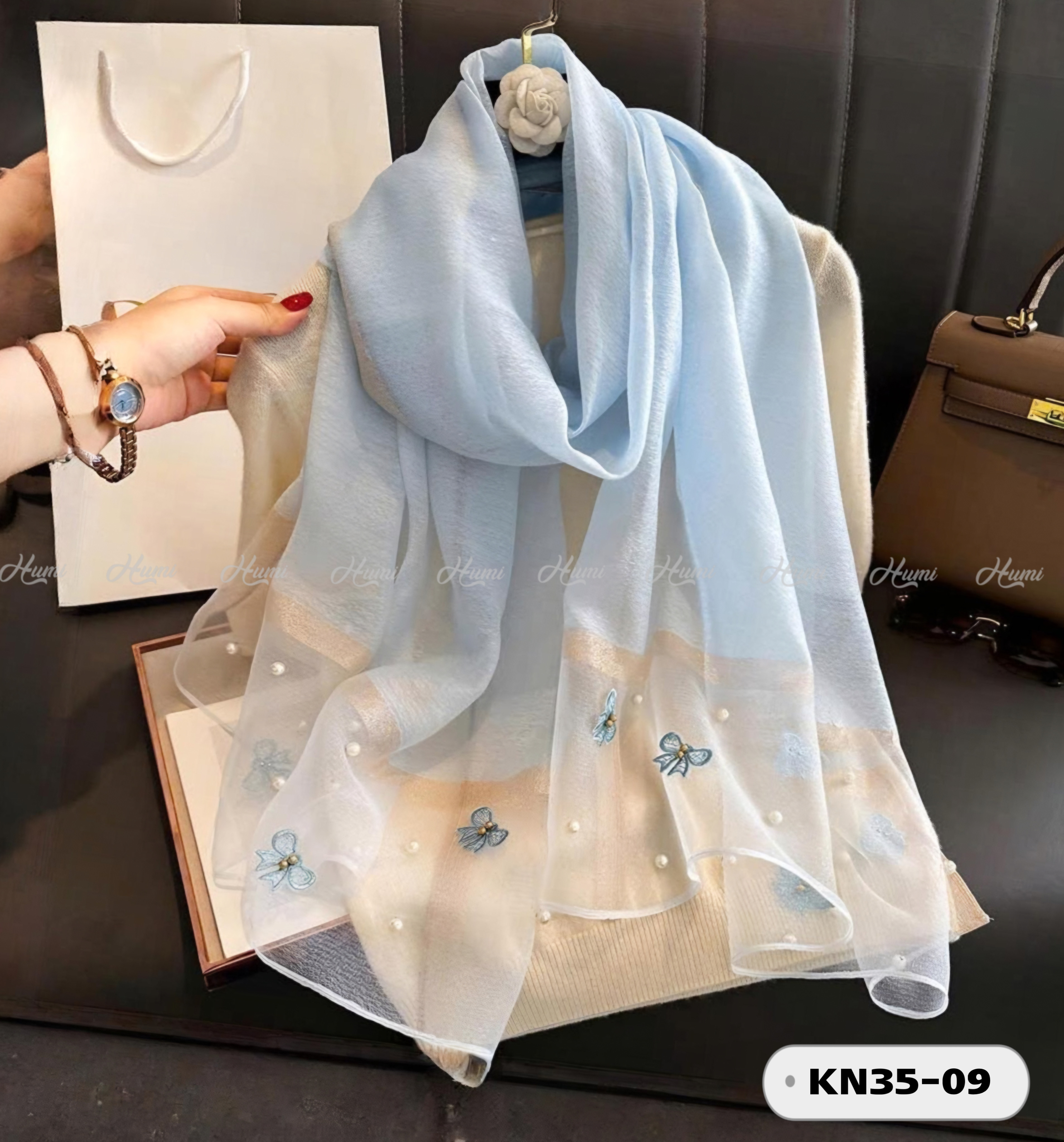 KHĂN TƠ ĐÍNH NƠ (KN35-09 XANH DA TRỜI)