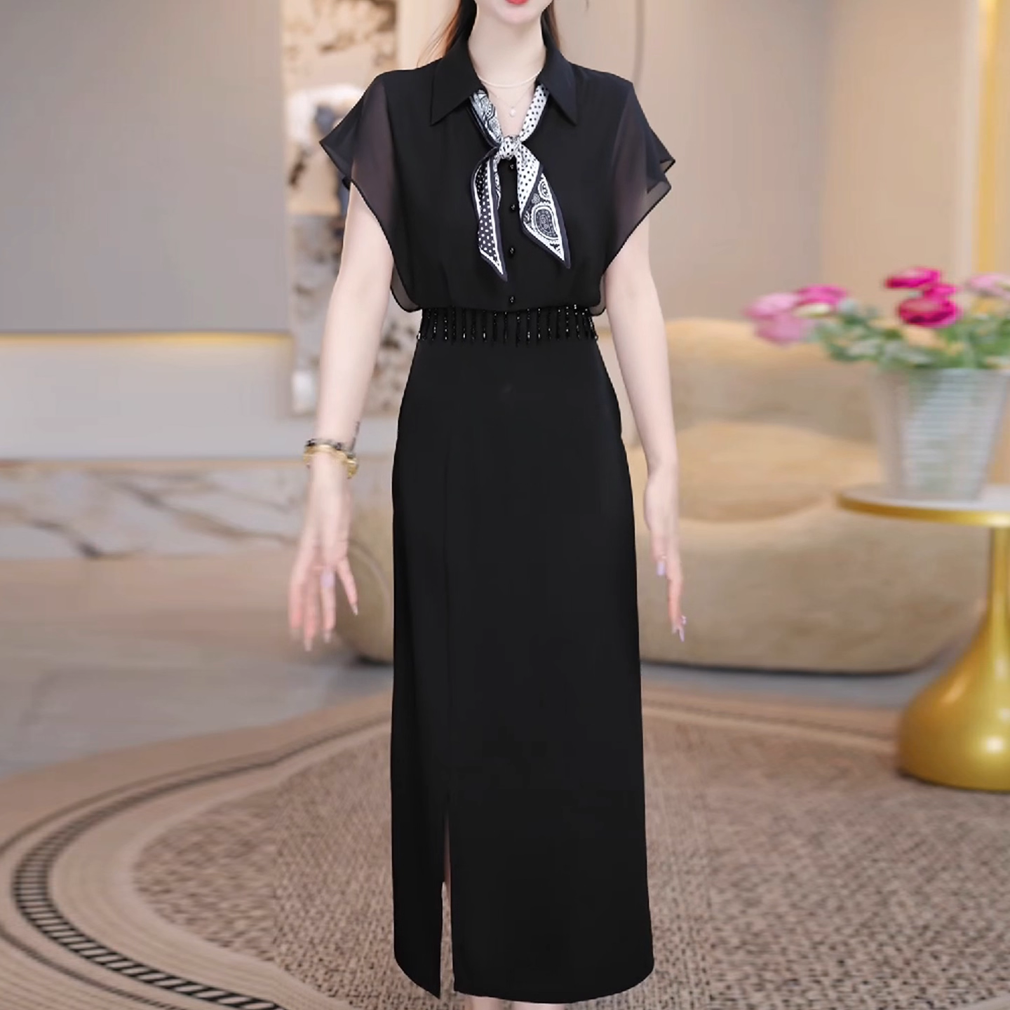 17327-Đầm suông  lụa phối voan tay tiên cổ thắt nơ  ( lụa, voan)_thumbnail_0