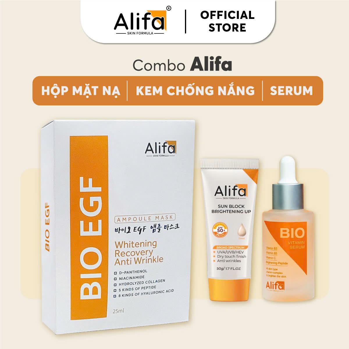 Combo dưỡng da Alifa - Serum dưỡng ẩm, dưỡng trắng da 35ml - Hộp 10 Mặt nạ 25ml - Kem chống nắng cho mặt 50g