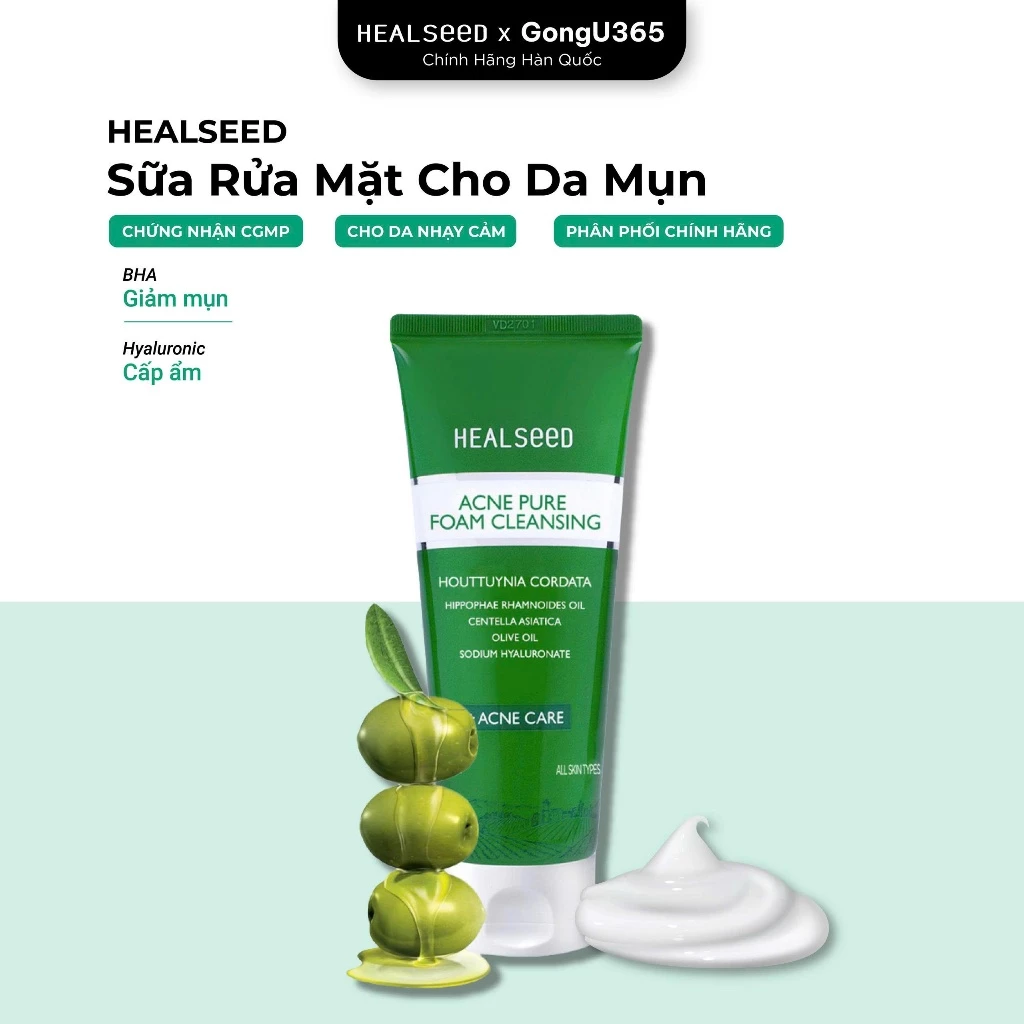 HEALSEED ACNE PURE FOAM CLEANSING - Sữa Rửa Mặt Làm Sạch Sâu Hỗ Trợ Giảm Mụn - Diếp Cá, Rau Má, Salicylic Acid - 150ml - [HS003]