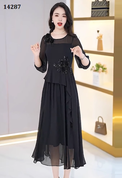 14287-Đầm ĐEN  dự tiệc kết hoa eo (voan,lót)_thumbnail_0