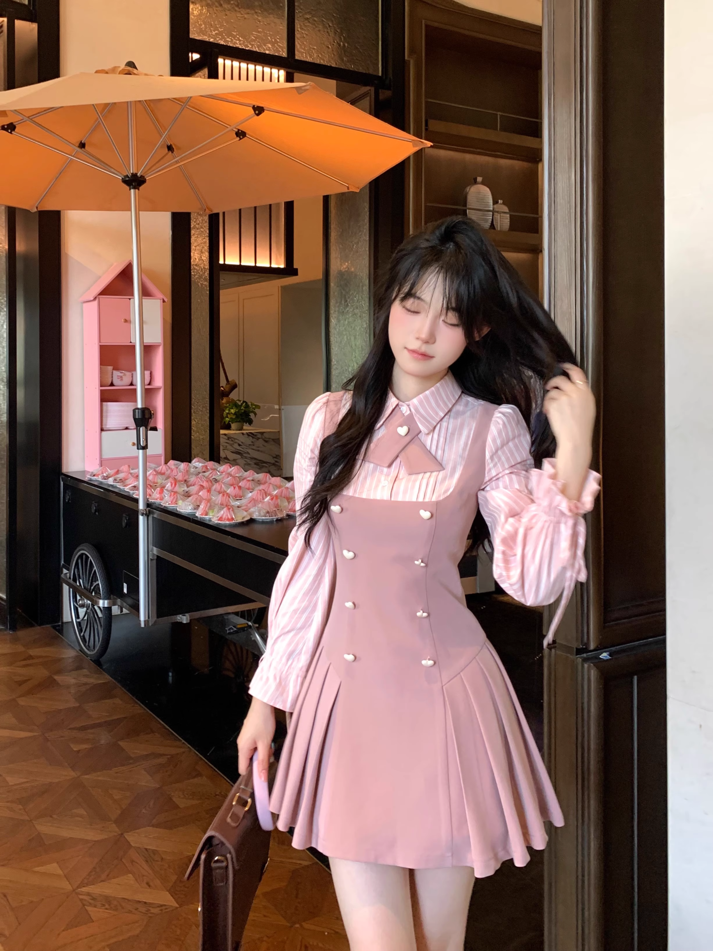 15486-Đầm hồng xếp  ly phối tay dài kẻ  sọc (   linen,  vải sọc)_thumbnail_0