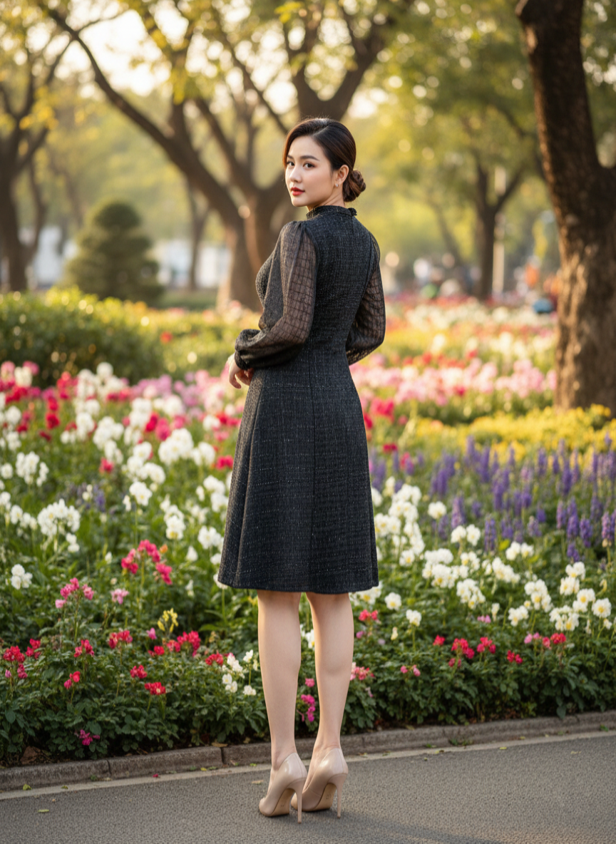 Đầm phối cổ sơ mi tay con nút đôi_thumbnail_4