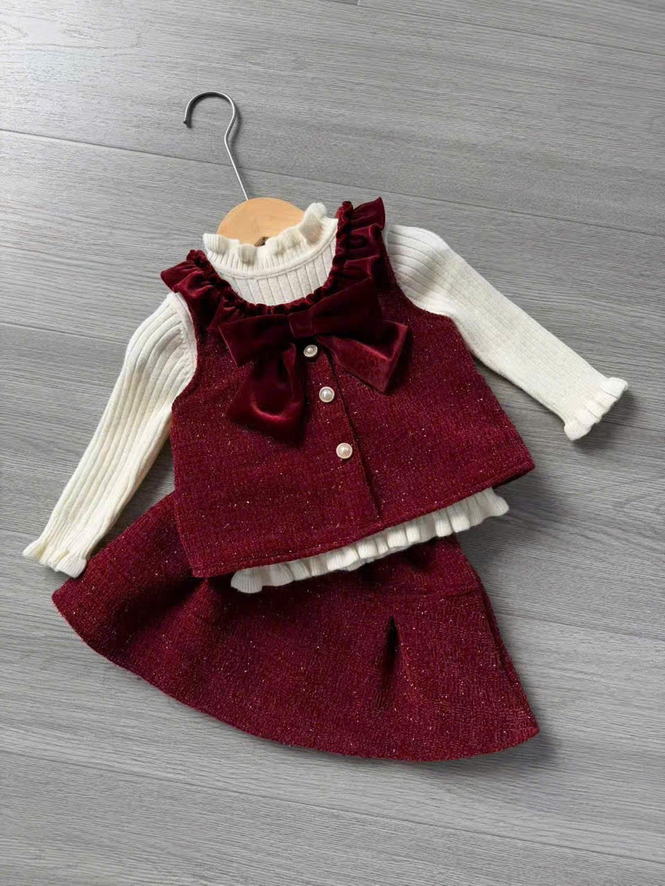 (S94) Set dạ đỏ 3 chi tiết dạ đỏ đính nơ nhung_thumbnail_0