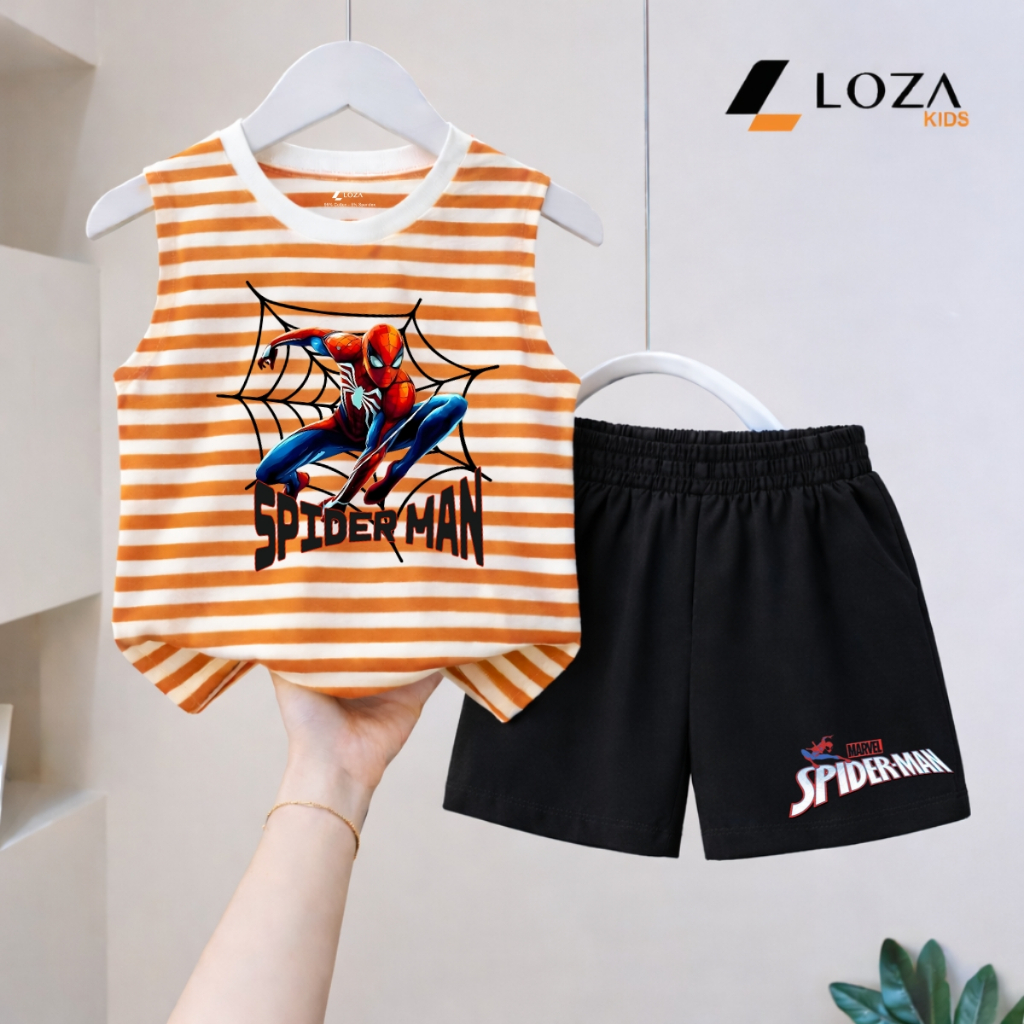 Bộ ba lỗ kẻ cho bé trai hình Spideman, chất liệu cotton giấy - Loza Kids BK002 BK002