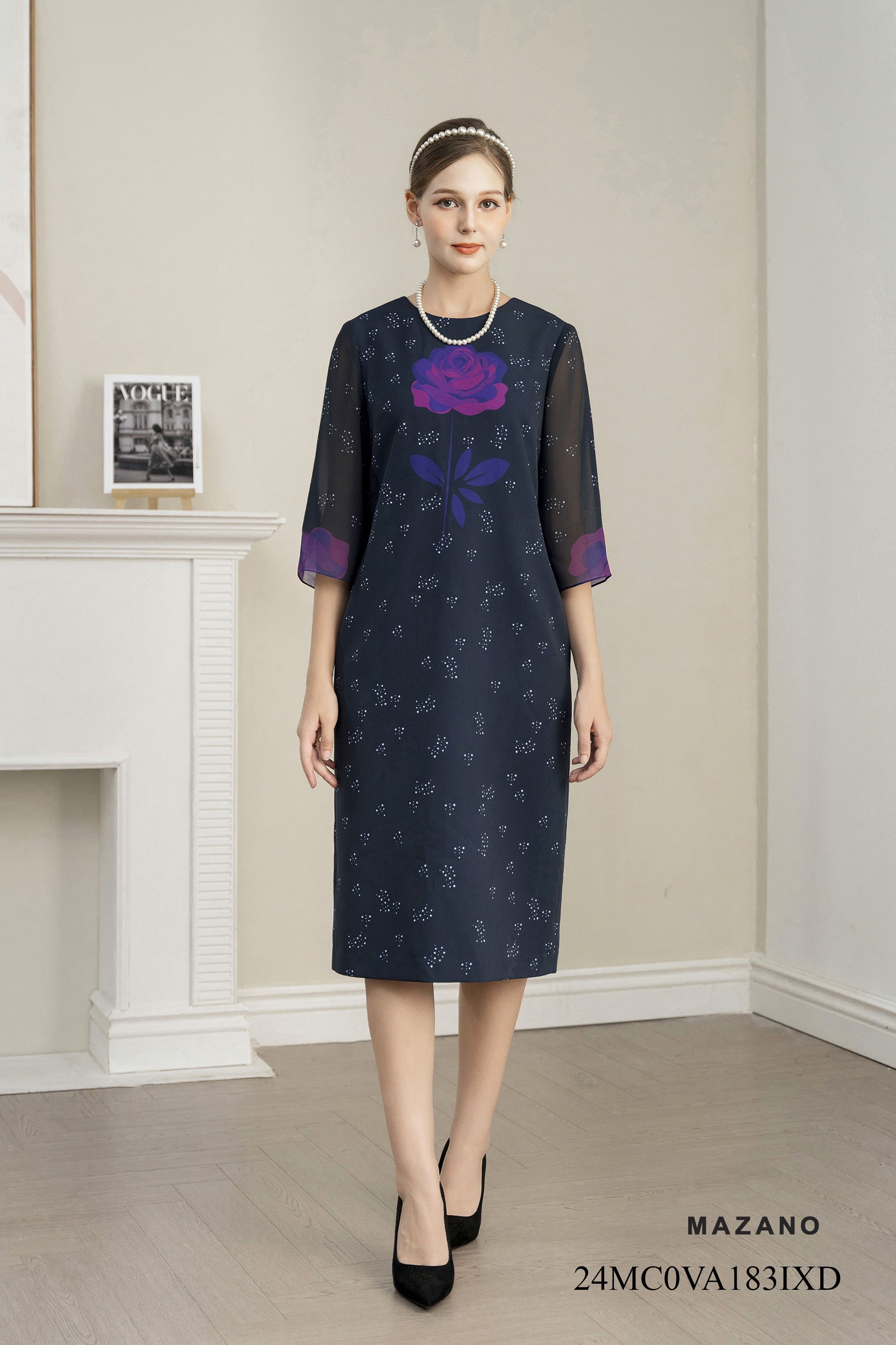 Váy Đầm Suông Vải thô mỏng Hoạ tiết hoa in bố cục Cổ tròn Tay lỡ Dài đến bắp chân 24MC0VA183IXD