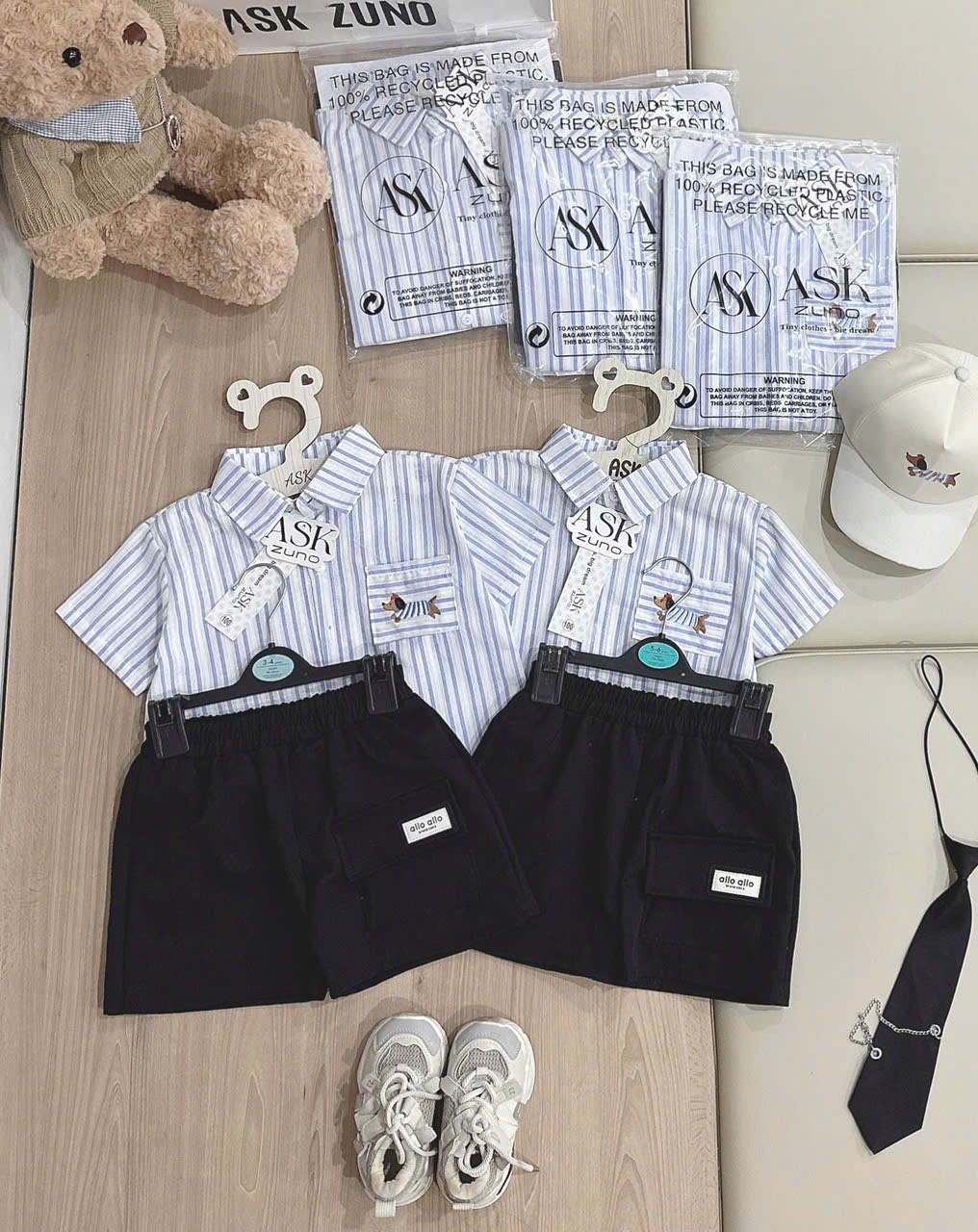 A09 BỘ SƠ MI SỌC XANH THÊU CHÓ KÈM MŨ- A108.327