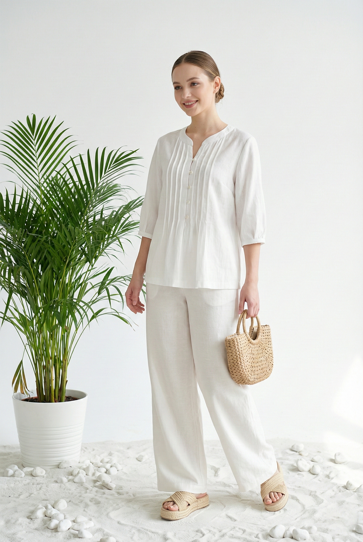 Áo sơ mi tunic vải linen trắng dáng suông cổ tàu cách điệu tay ngắn thiết kế MAZANO_thumbnail_4
