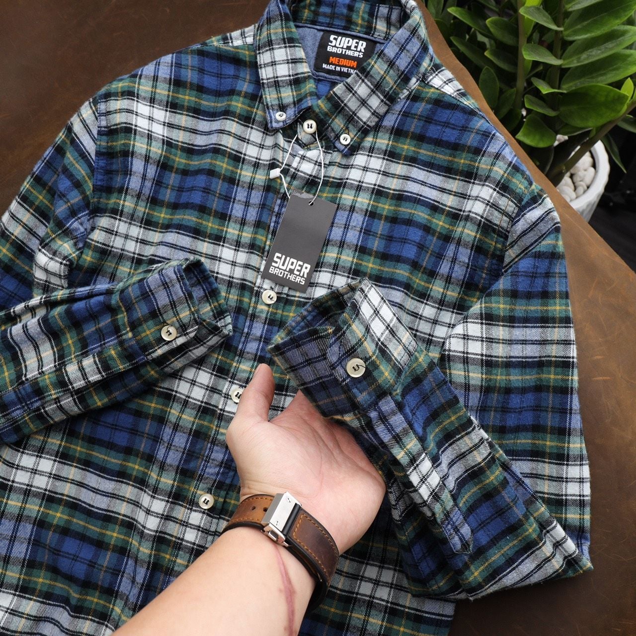 Áo Sơ Mi Super Brother FLANNEL Cotton Cá Sấu Logo Thêu Màu Xanh Lá_thumbnail_2