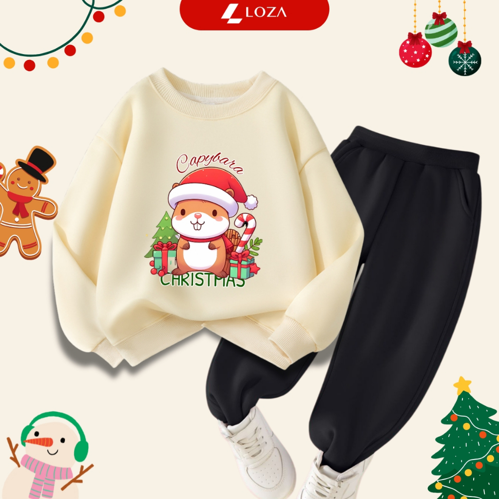 Bộ nỉ bé trai, bé gái in hình Capybara Chrismast - Loza Kids BI193