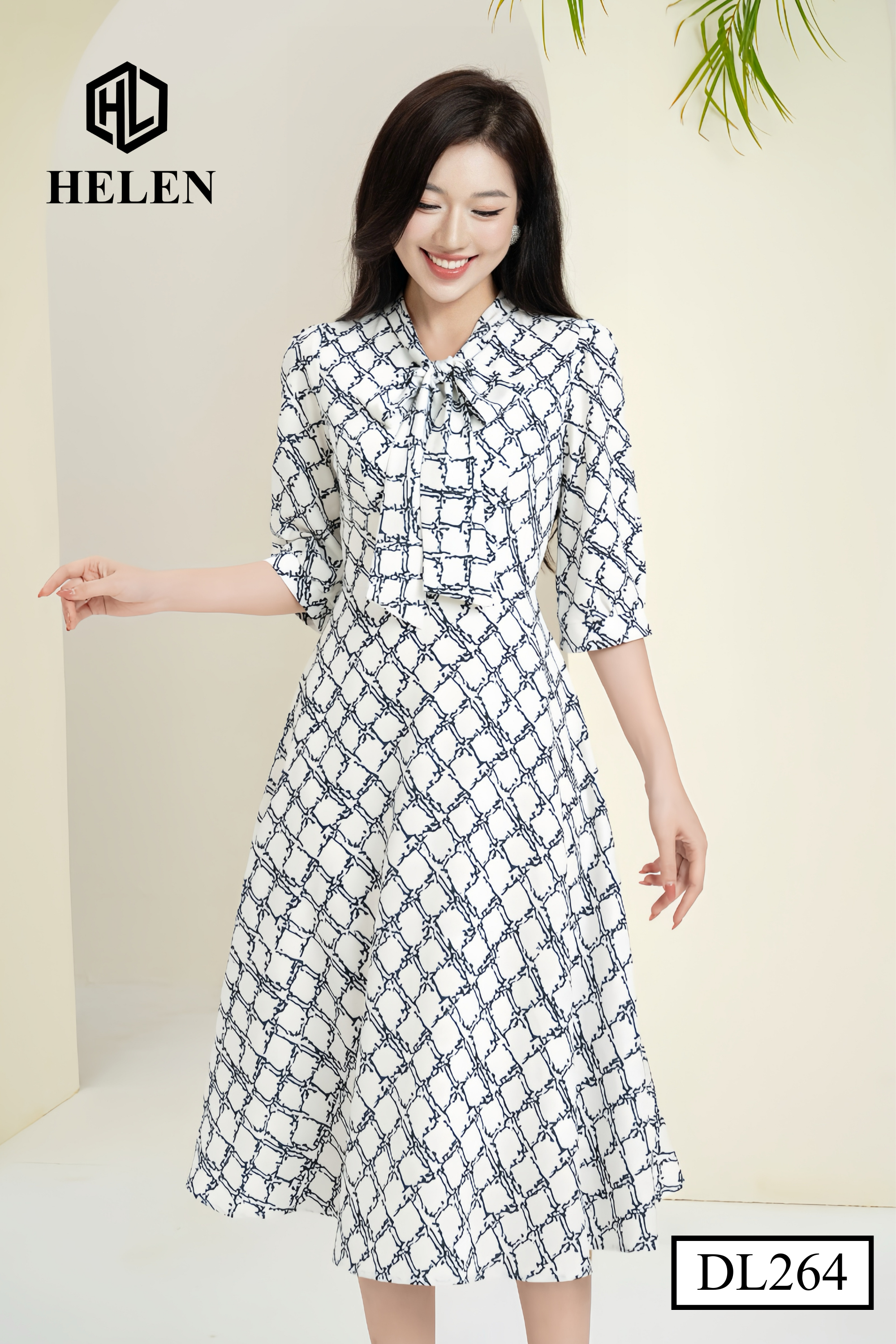 Đầm xòe kẻ đen trắng thắt nơ giữa DL264_thumbnail_4