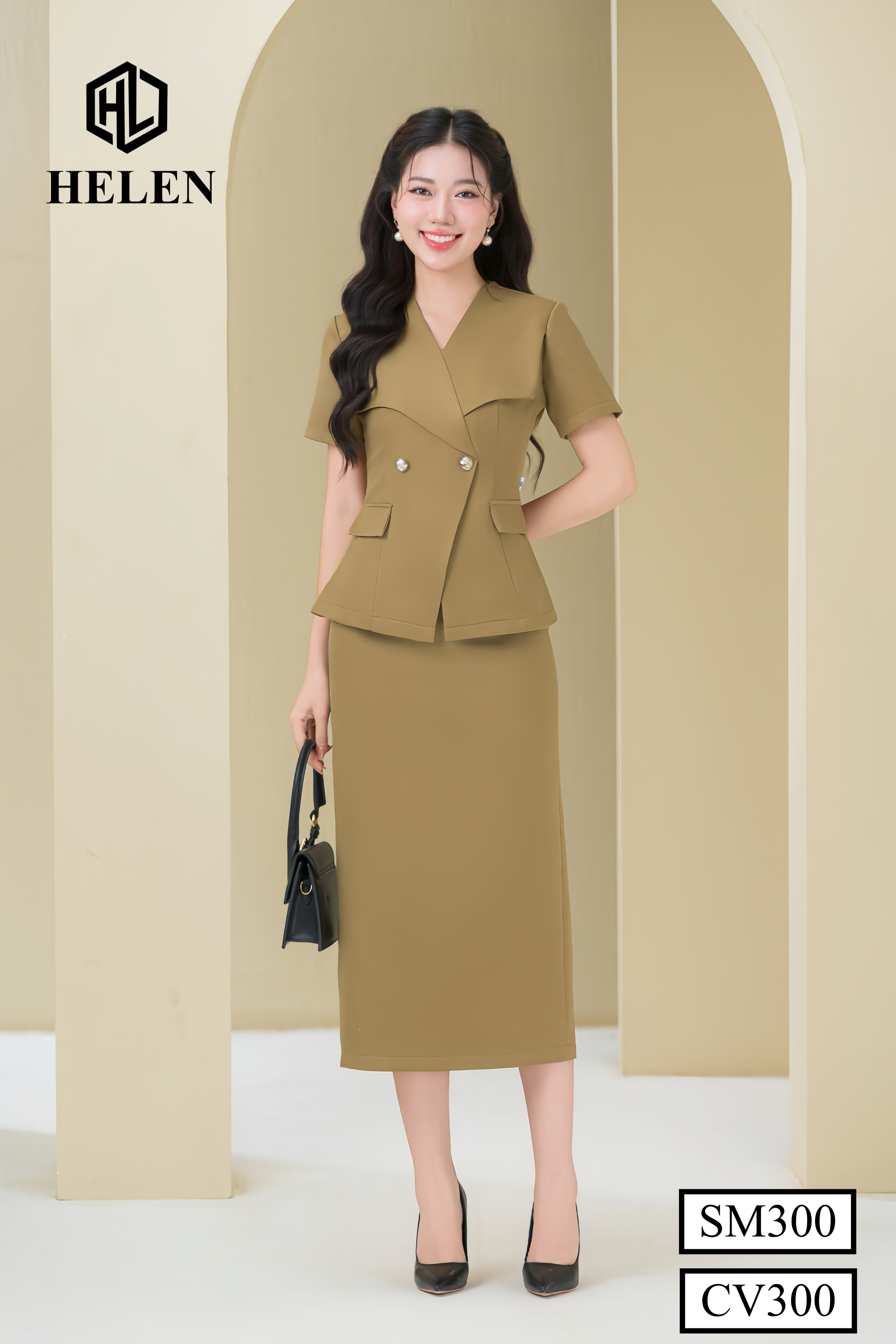 SET sơ mi cổ bẻ ve cách điệu + chân váy dáng dài màu nâu SET300