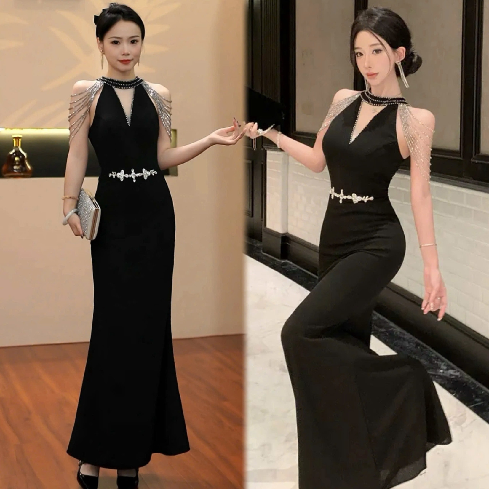 Đầm dạ hội dự tiệc đuôi cá cổ yếm khoét V đính đá cao cấp_thumbnail_4