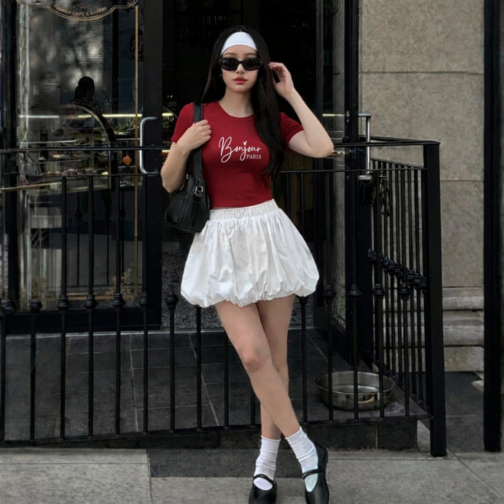 Áo croptop nữ chữ Bonjour PARIS dáng ôm chất thun cotton local brand WETEE - WC1167