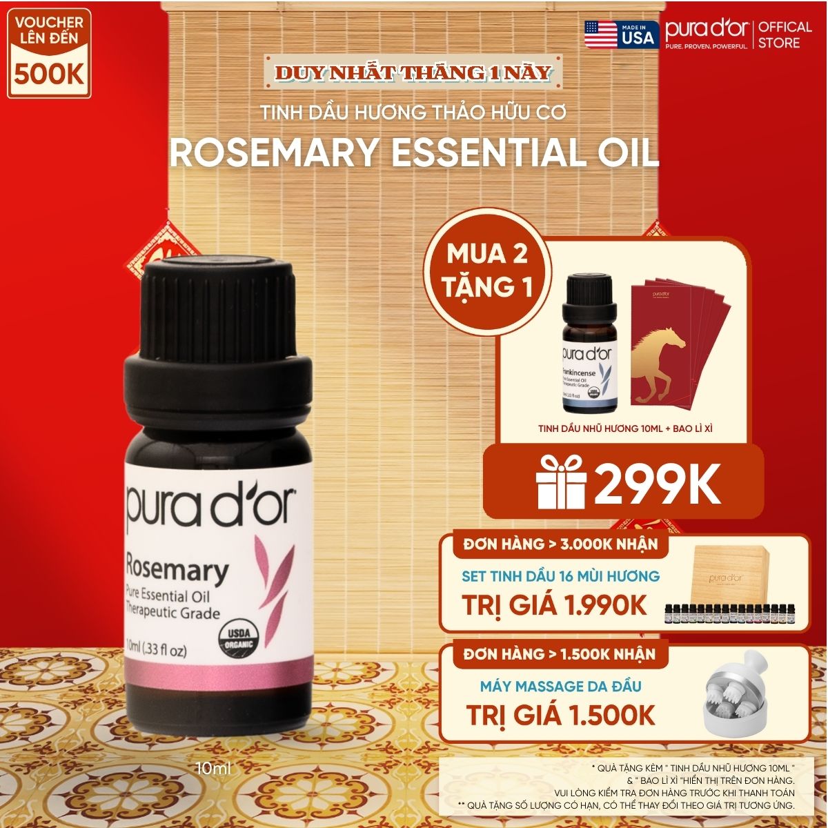 Tinh Dầu Hương Thảo Hữu Cơ PURA D’OR Therapeutic Grade Rosemary Essential Oil 10ML