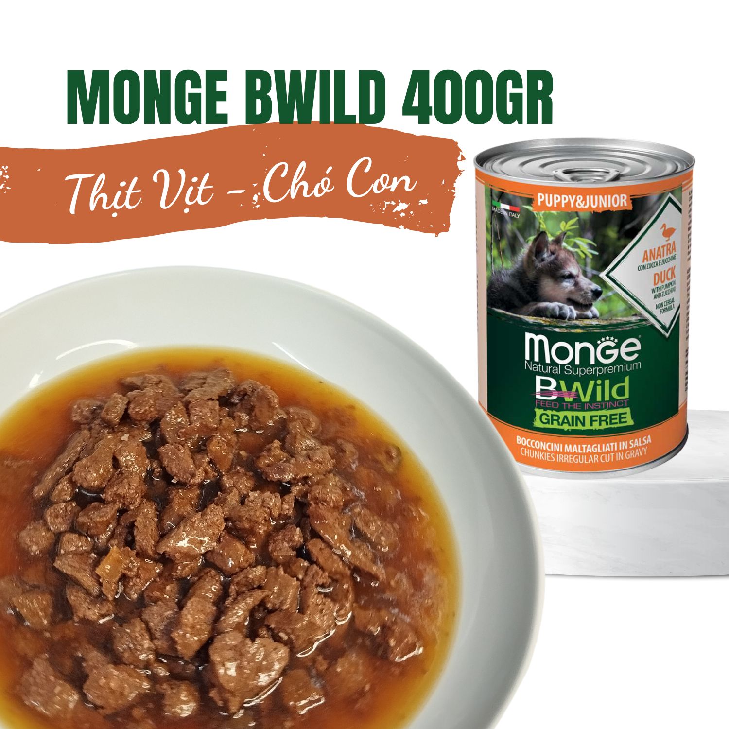 Pate MONGE Bwild cho chó con Grain Free  400gr (Hương vị thịt Vịt, Bí đỏ và Bí Xanh)_thumbnail_2