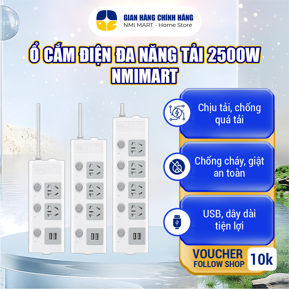Ổ cắm điện đa năng NMI chịu tải 2500W, 2 cổng sạc USB 5V - An toàn chống cháy chống giật dây dài 1m8 và 2m5- OCD01