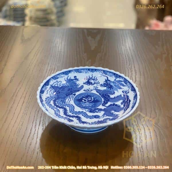 Đĩa Thờ Rồng Phượng Men Lam