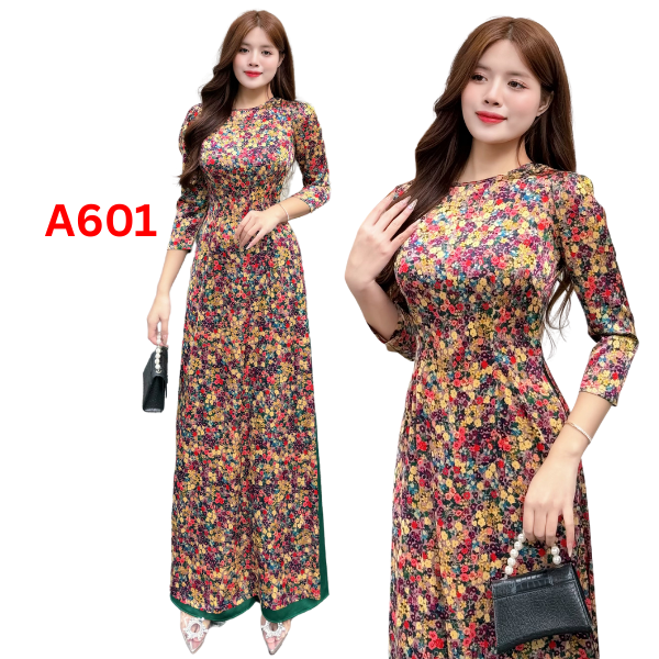 Bộ A601 Áo dài hoa nhí lụa pháp cổ khít tay lỡ, bồng nhẹ