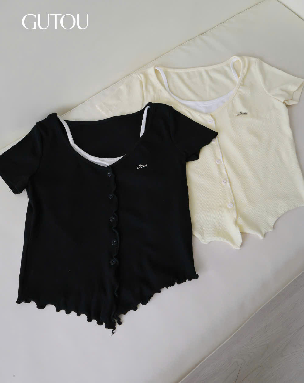 [ GUTOU ] Áo Thun Gân Tăm Hai Lớp Gấu Xoăn