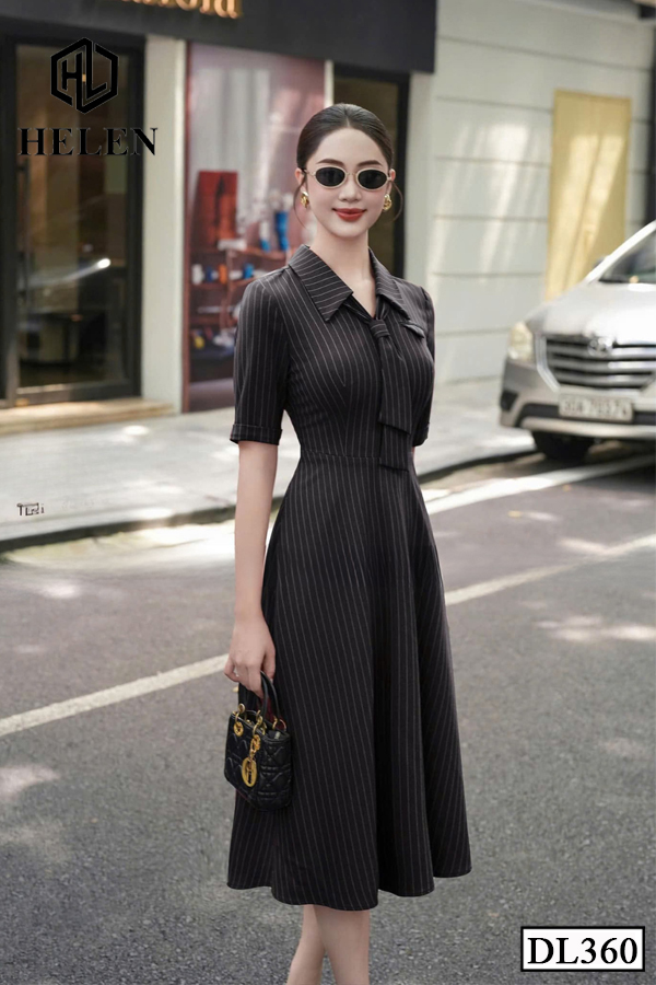 Đầm xòe kẻ đen cổ đức cách điệu DL360