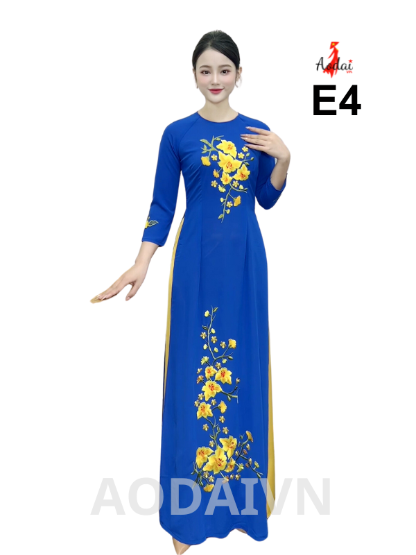 Áo dài thêu E4 Tằm Ý màu Xanh Cô Ban cổ tròn tay lỡ thêu hoa Địa Lan vàng