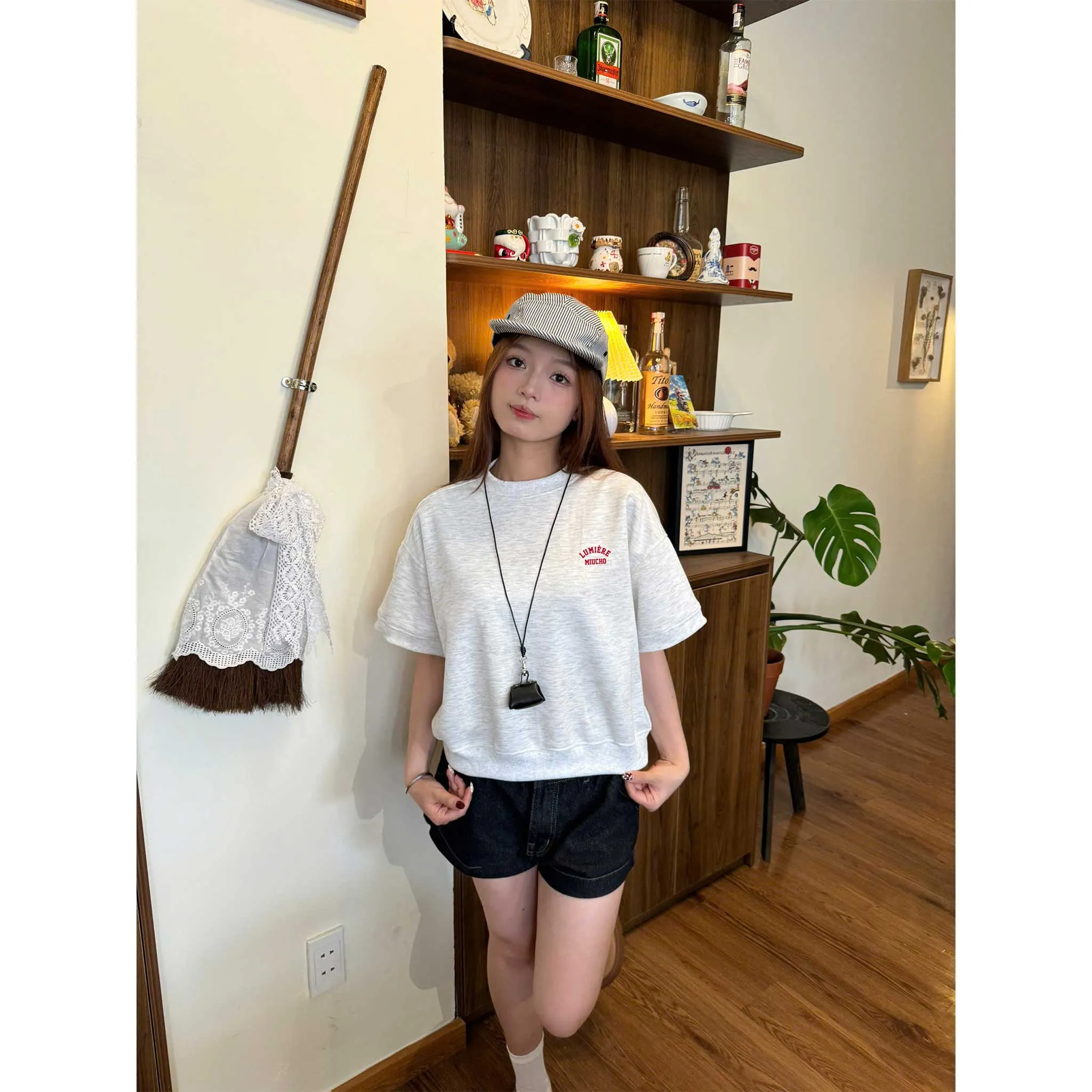 Áo sweater boxy thiết kế basic tay ngắn chuẩn form 2615 Miucho vải nỉ 2 da thoáng mát thấm hút mồ hôi tốt_thumbnail_6