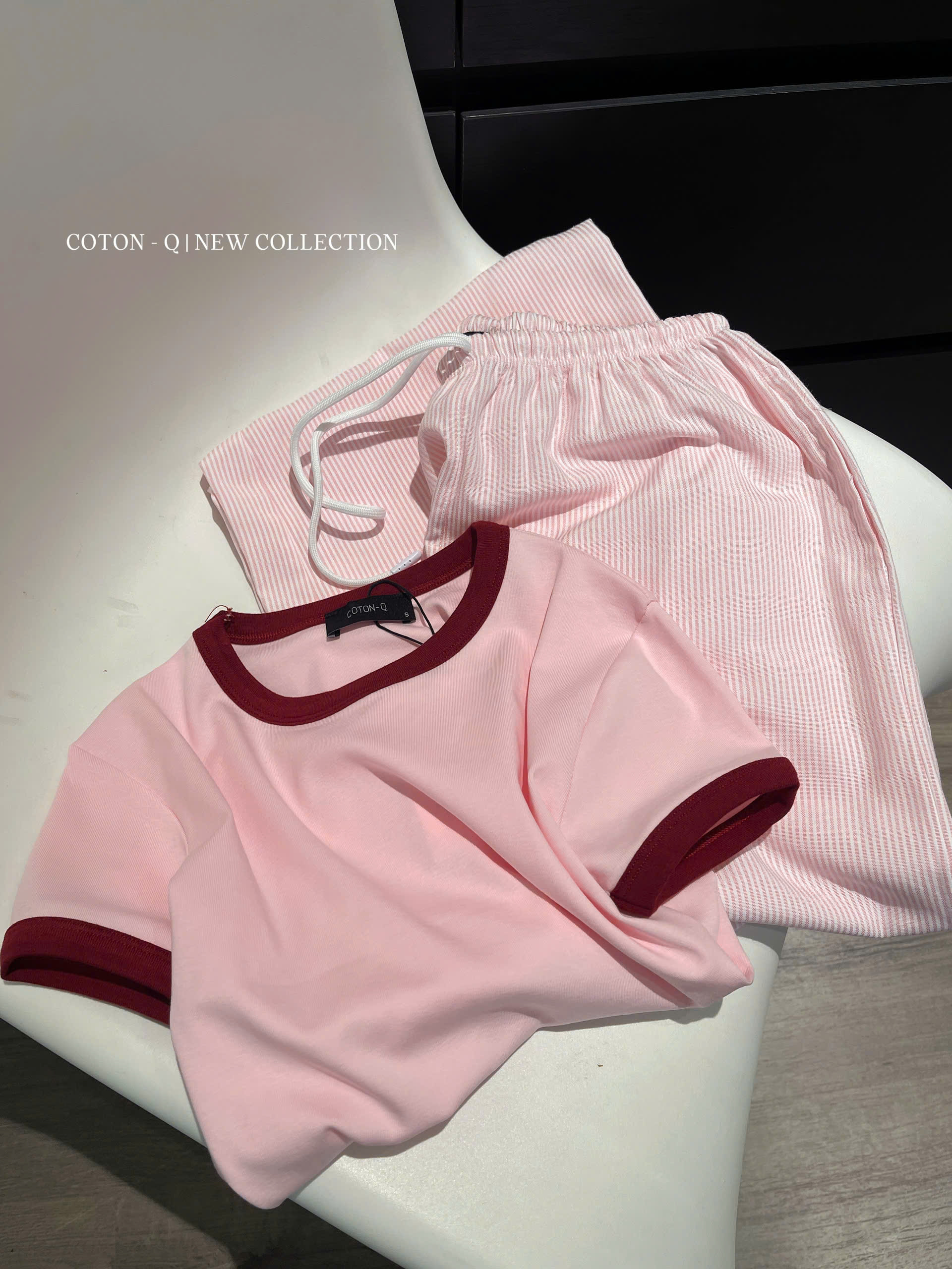 HJ6 Set áo ôm viền + quần dài sọc ( HỒNG )