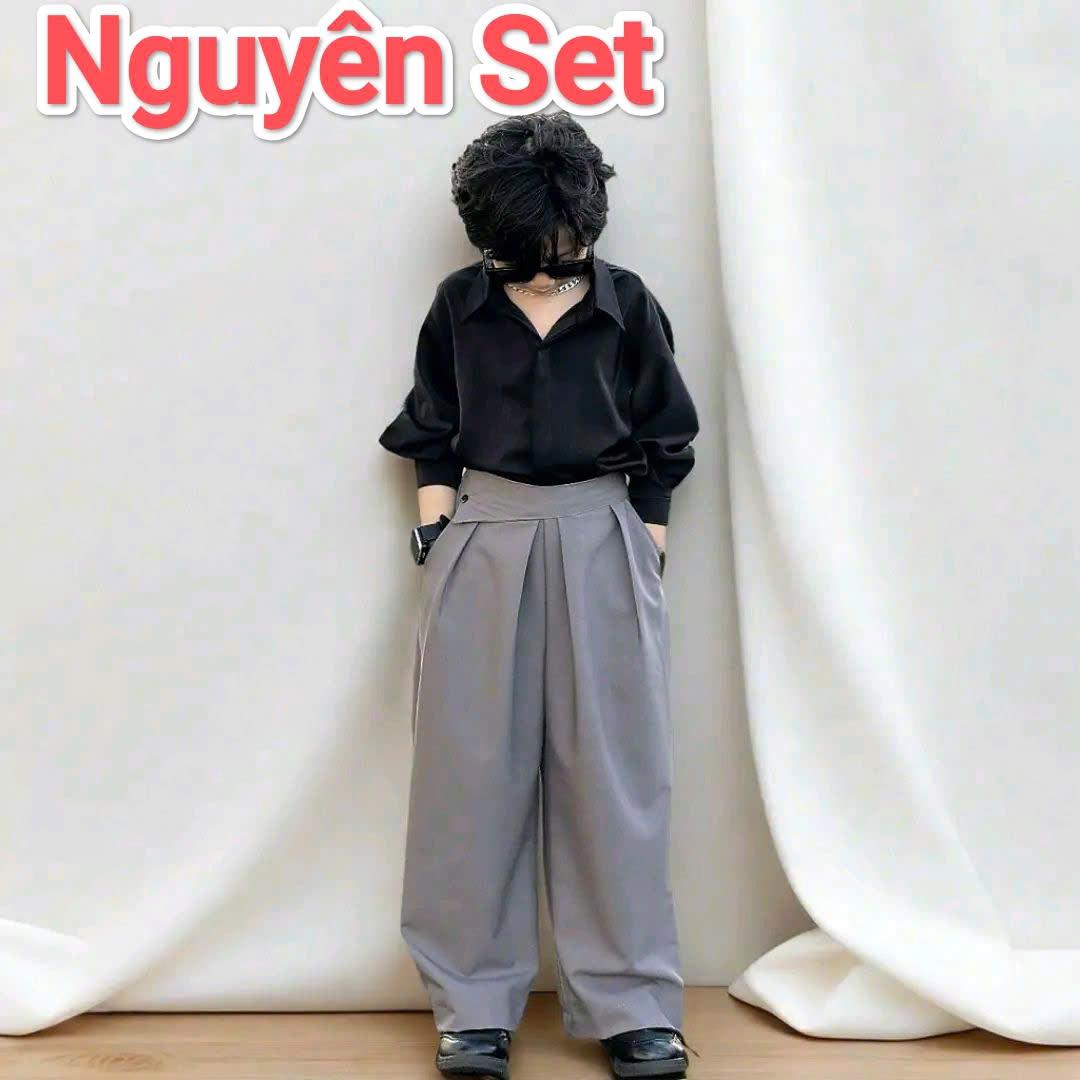 Quần Suông Xám Đai Lệch Túi, Áo Sơ Mi Lụa Đen Dày Dặn Cho Bé Trai, Bé Gái._thumbnail_8