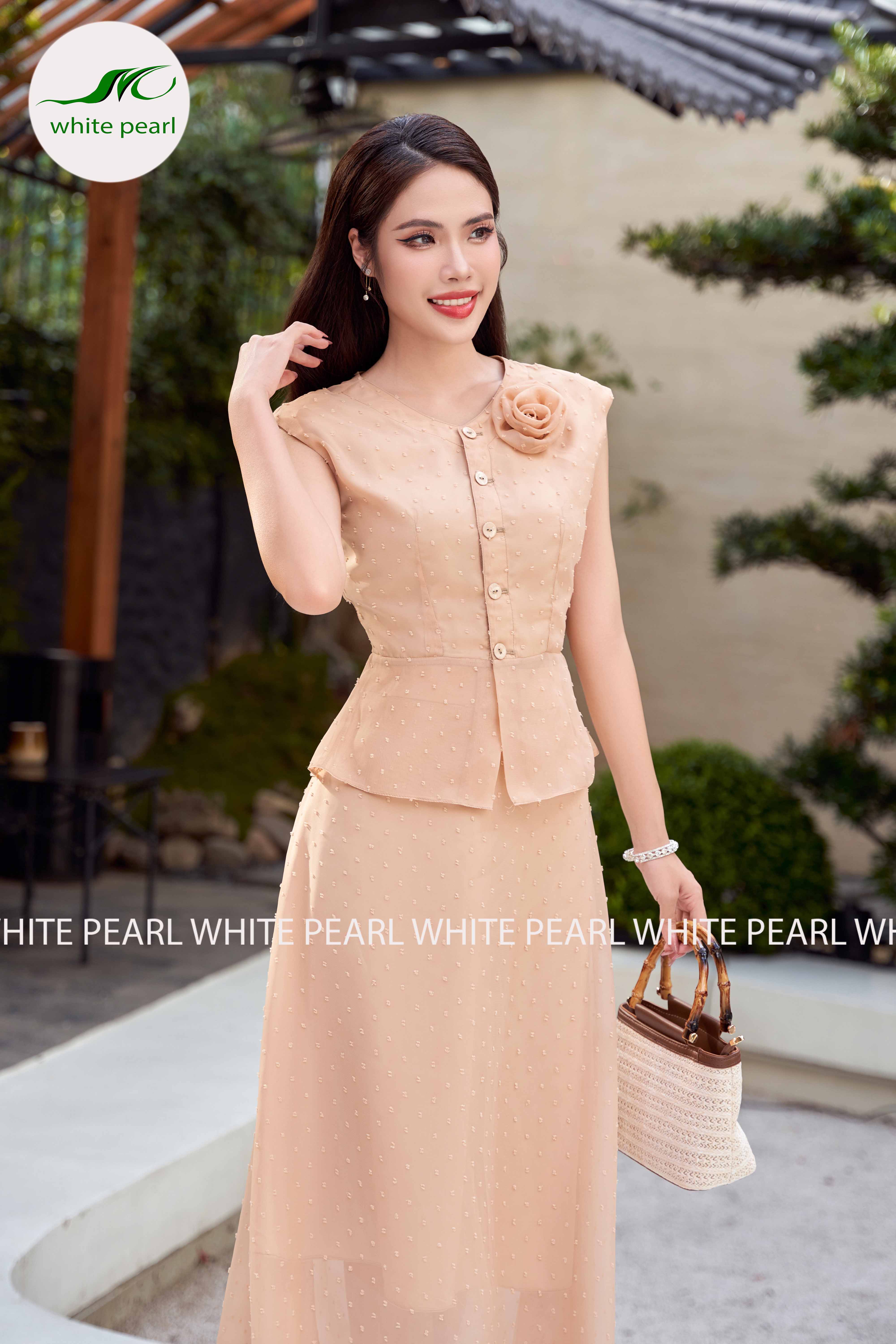 SET Áo bepzum kết hợp chân váy xòe Màu Da thời trang công sở cao cấp White Pearl_thumbnail_1