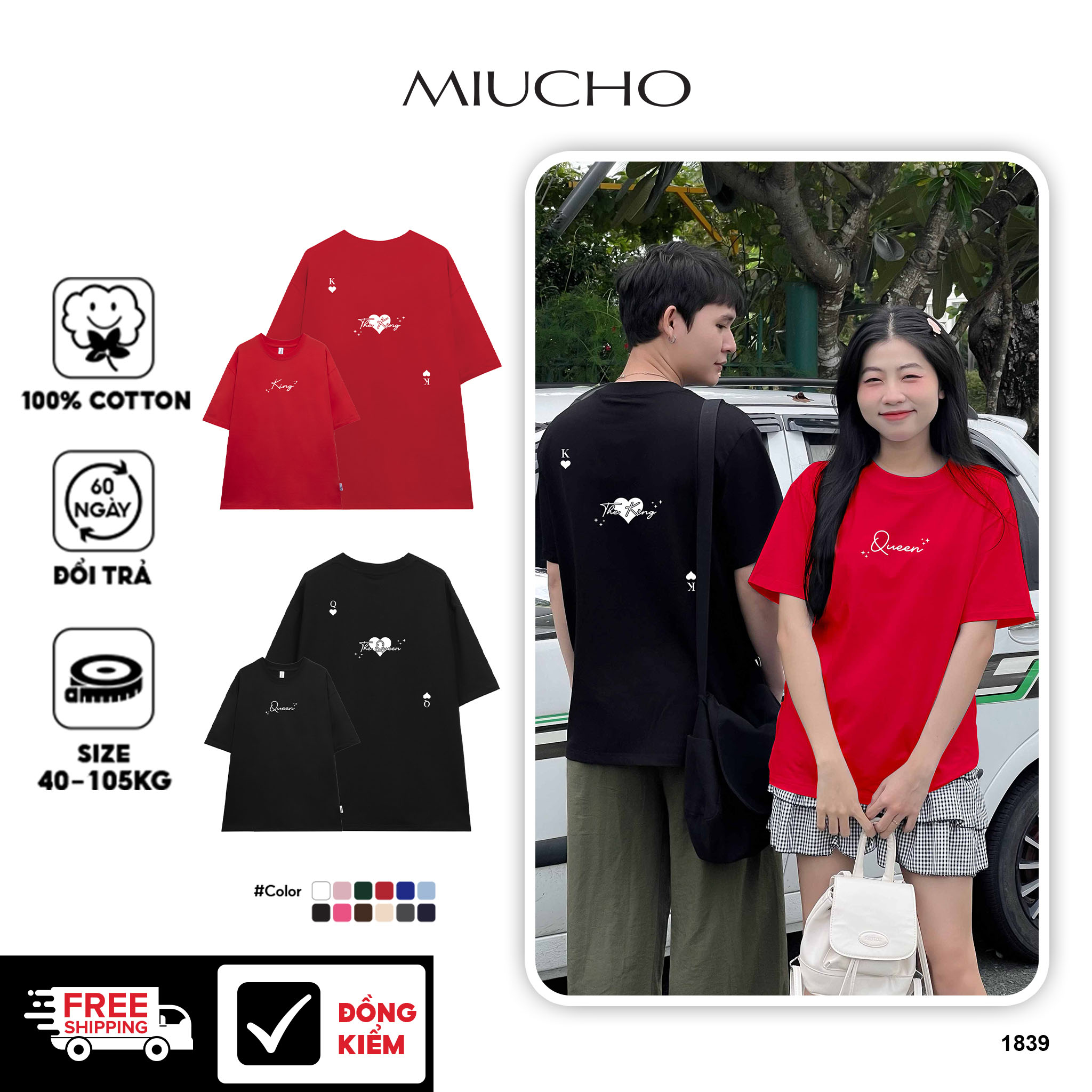 Áo thun cặp nam nữ King Queen form rộng 1838 Miucho vải cotton 4c co giãn thoáng mát in basic