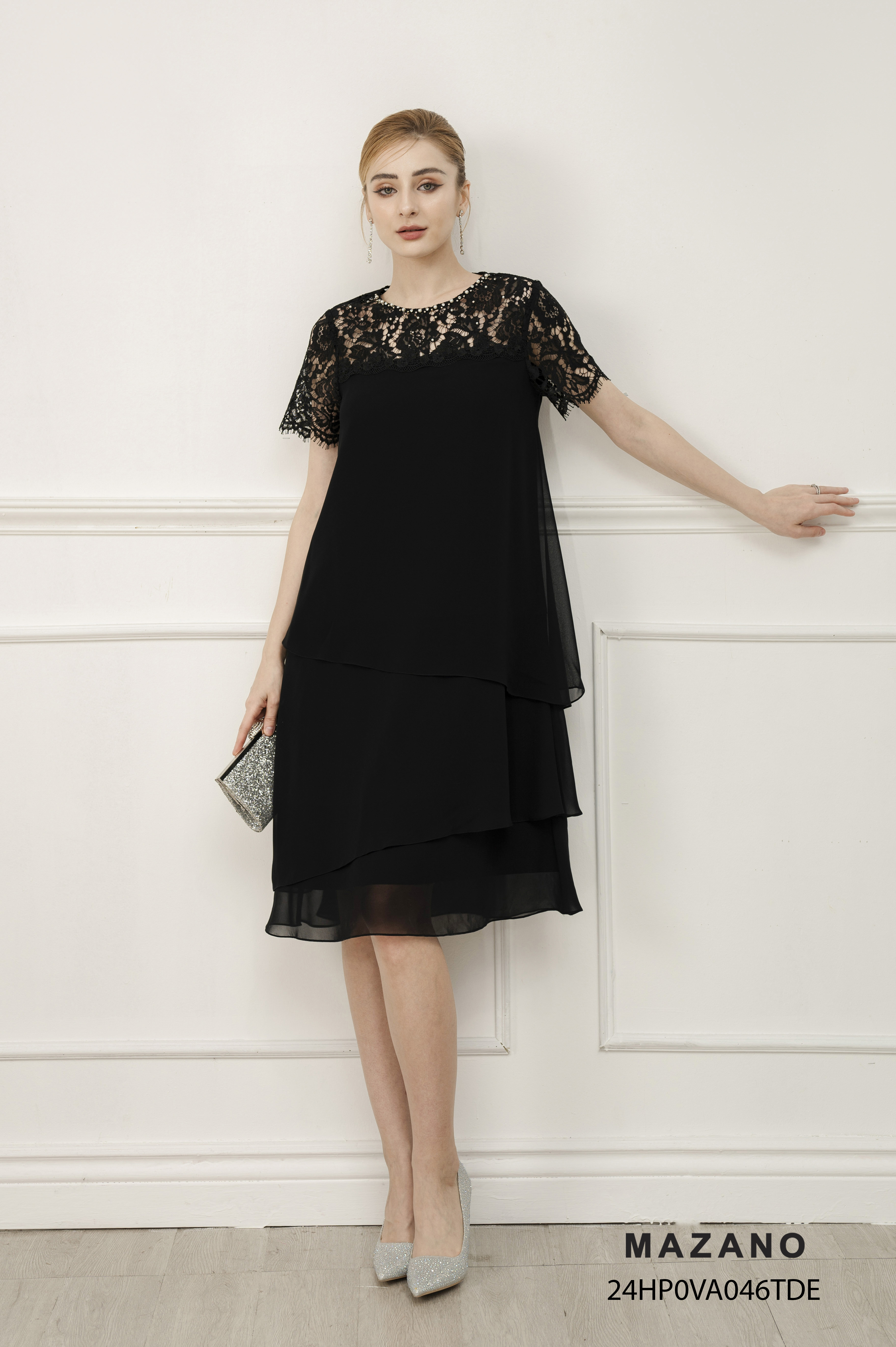 Váy Đầm suông A larer Vải voan mỏng Phối zen thêu Đính trang trí Cổ tròn Tay ngắn Dài qua gối_thumbnail_5