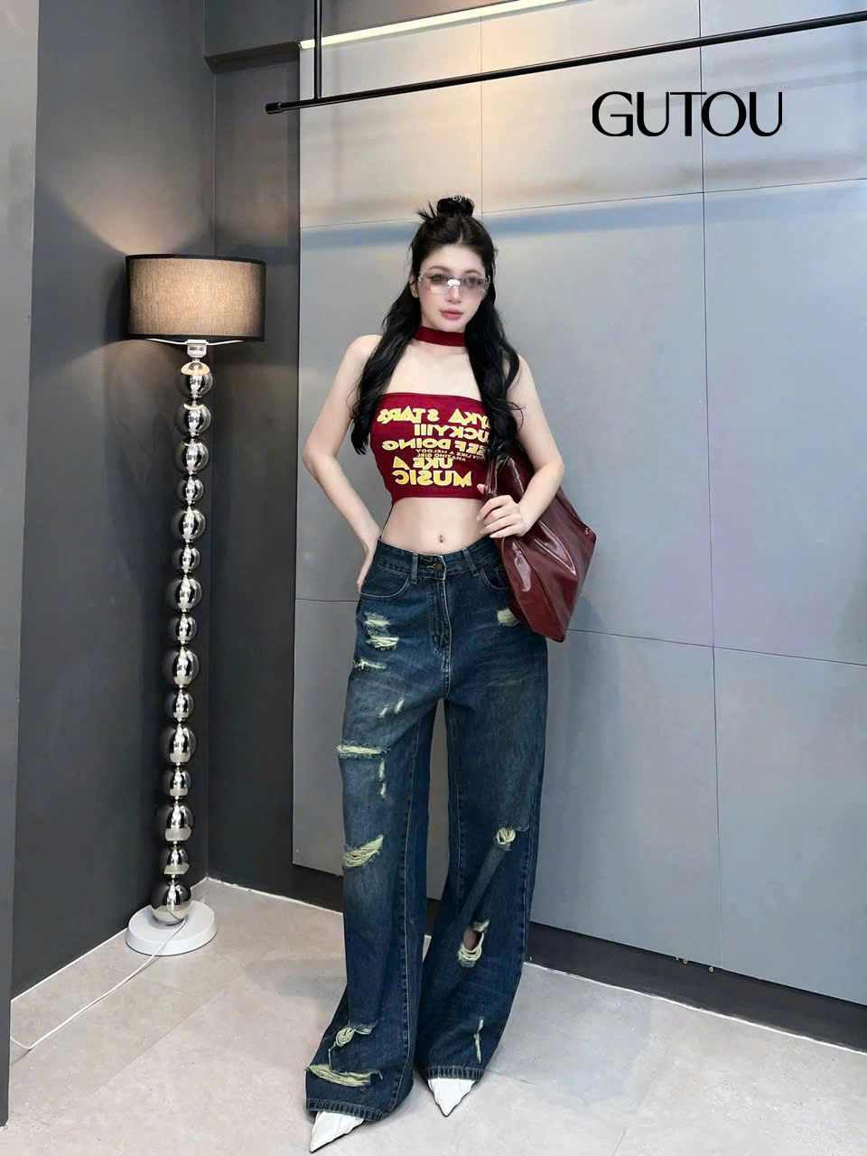 [ GUTOU ] Quần Jean Suông Rách Wash Đậm Cá Tính