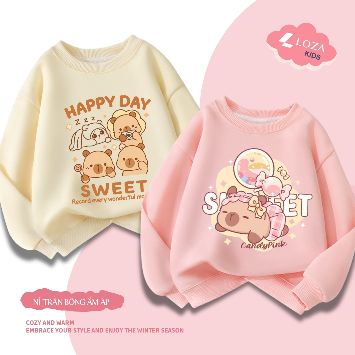 Áo sweater bé gái in hình Capybara - Loza Kids IN004