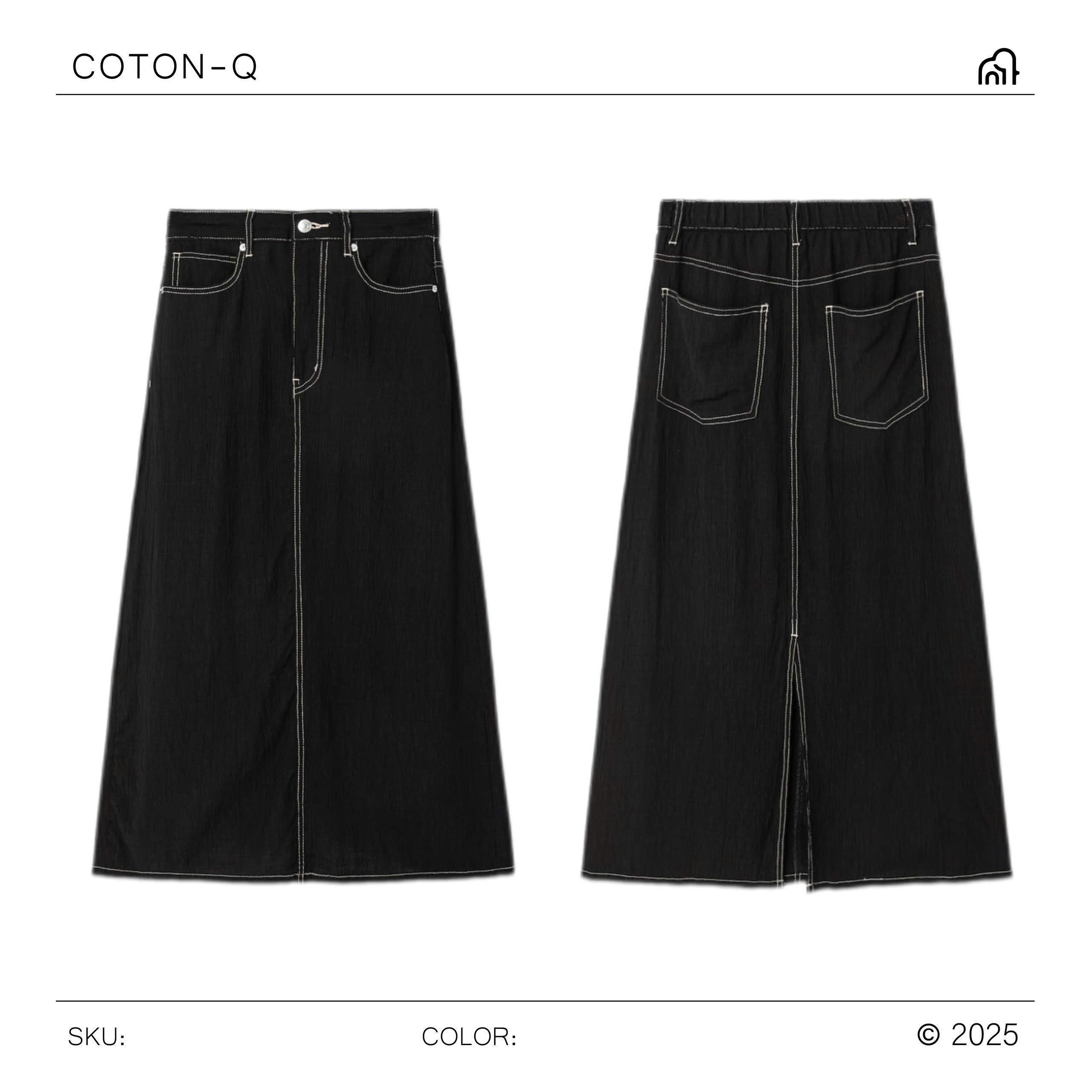 HS82 Chân váy dài phối viền chỉ ( ĐEN )