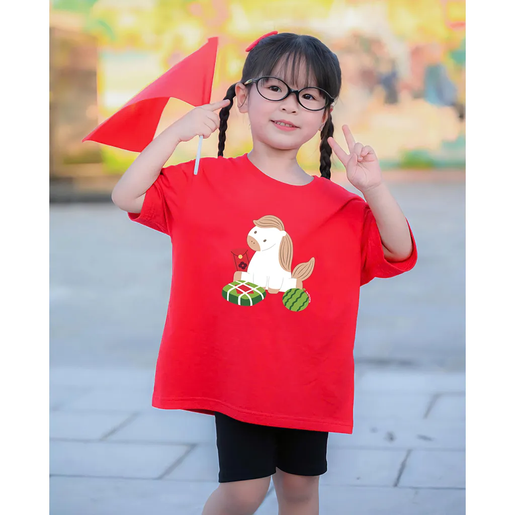 Áo thun Tết bé gái Kado vải cotton thoáng mát tay ngắn cổ tròn hình Ngựa in artwork 2944_thumbnail_5