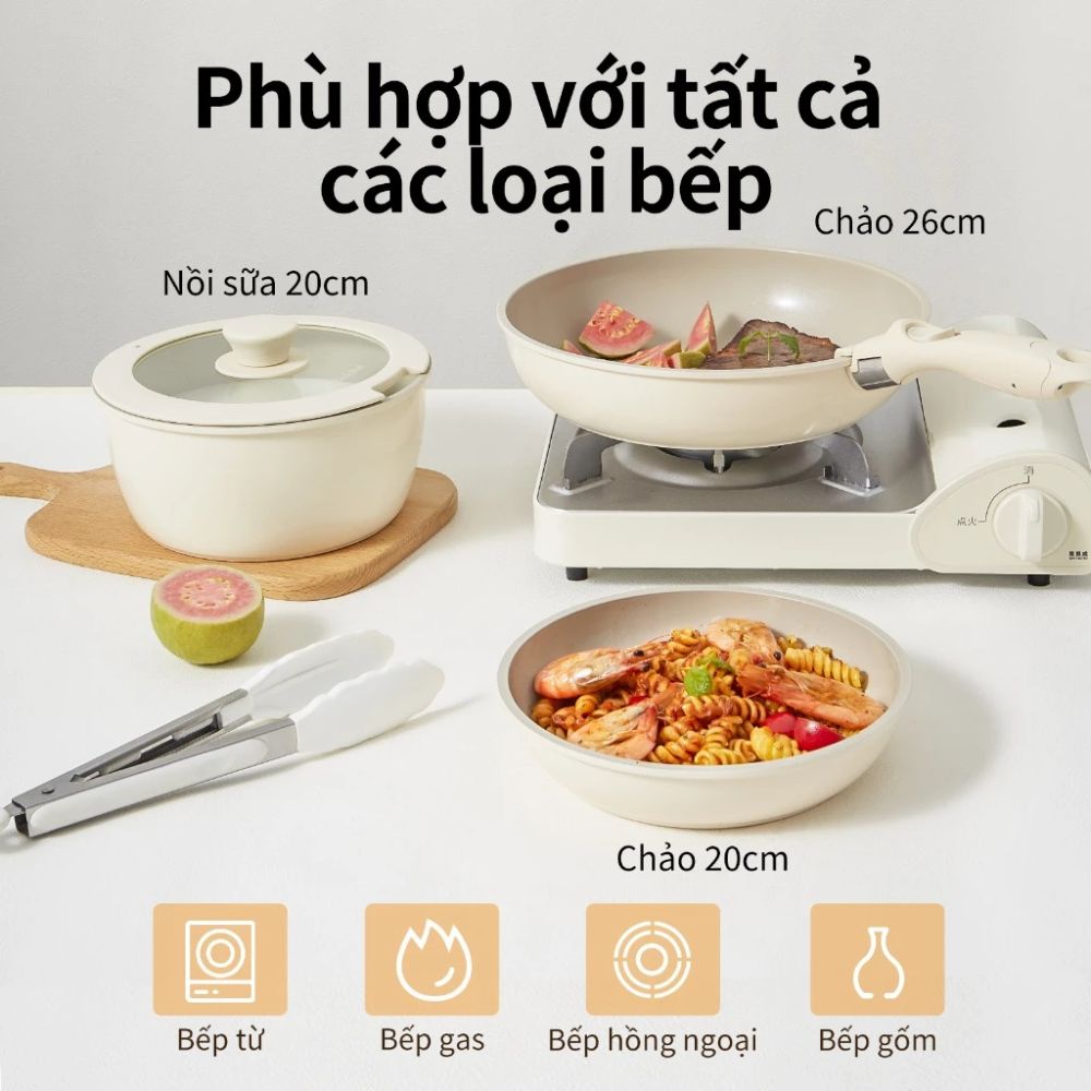 Bộ 3 Nồi Chảo Đá Gốm Chống Dính Mishio 5 Món - Tay Cầm Tháo Rời, Không Chứa PFAS/PTFE/PFOA, Dùng Mọi Loại Bếp_thumbnail_5