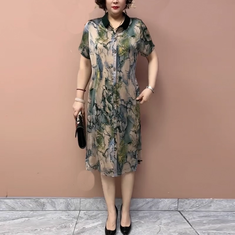 17841-Đầm lụa suông cổ  gập in loang  5D xám xanh ( lụa)