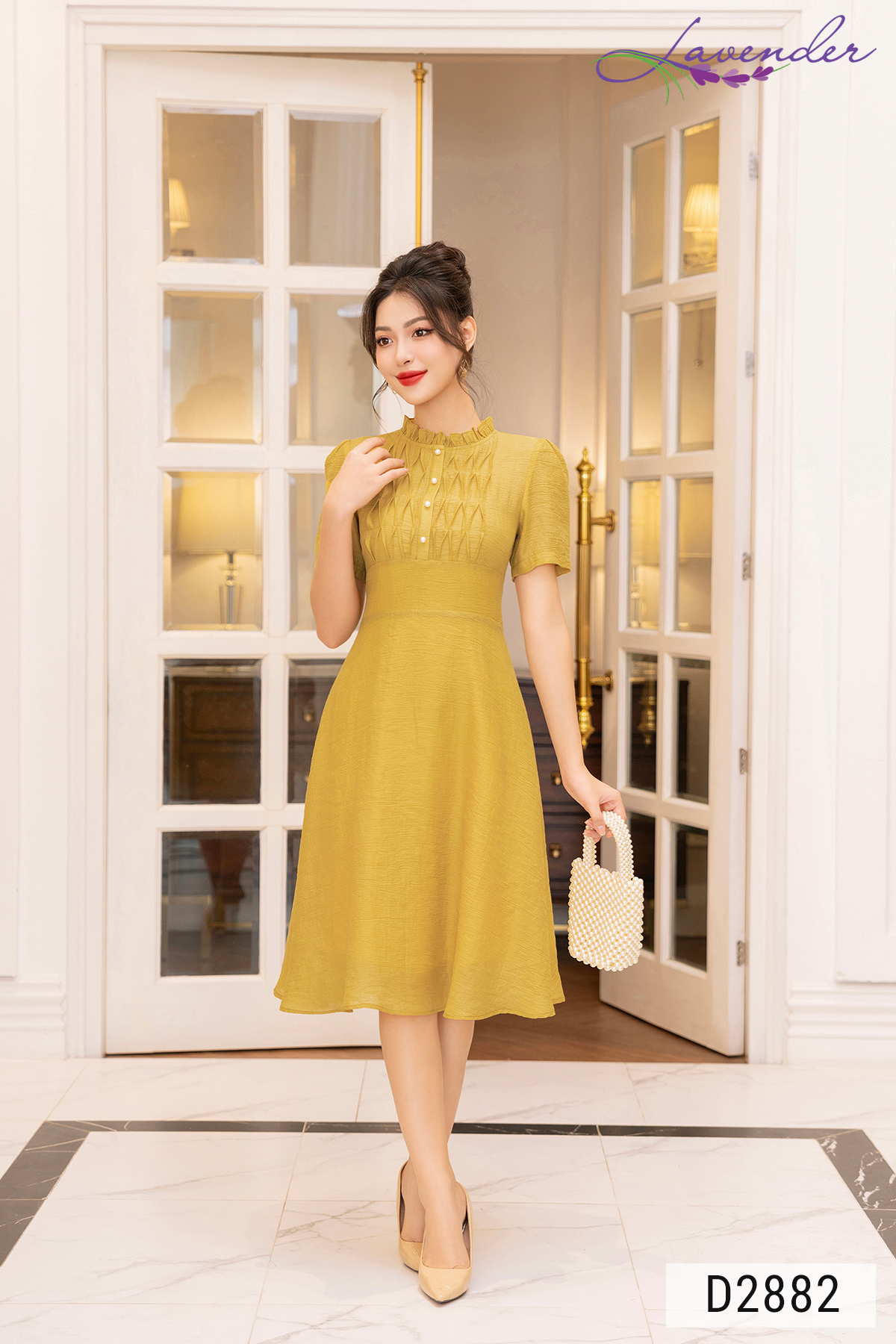 Đầm xòe công sở Thời trang Lavender tơ vàng cổ nhún D2882