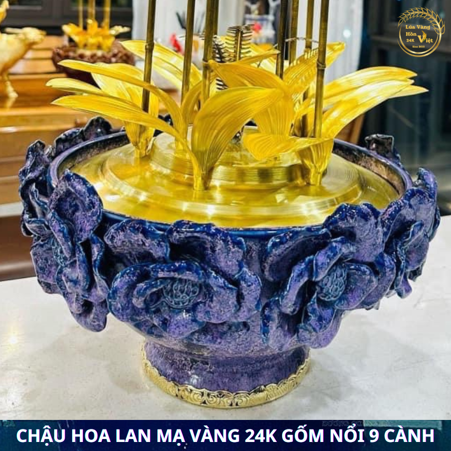 HOA LAN ĐỒNG MẠ VÀNG 24K CHẬU GỐM HOA NỔI 9 CÀNH_thumbnail_3